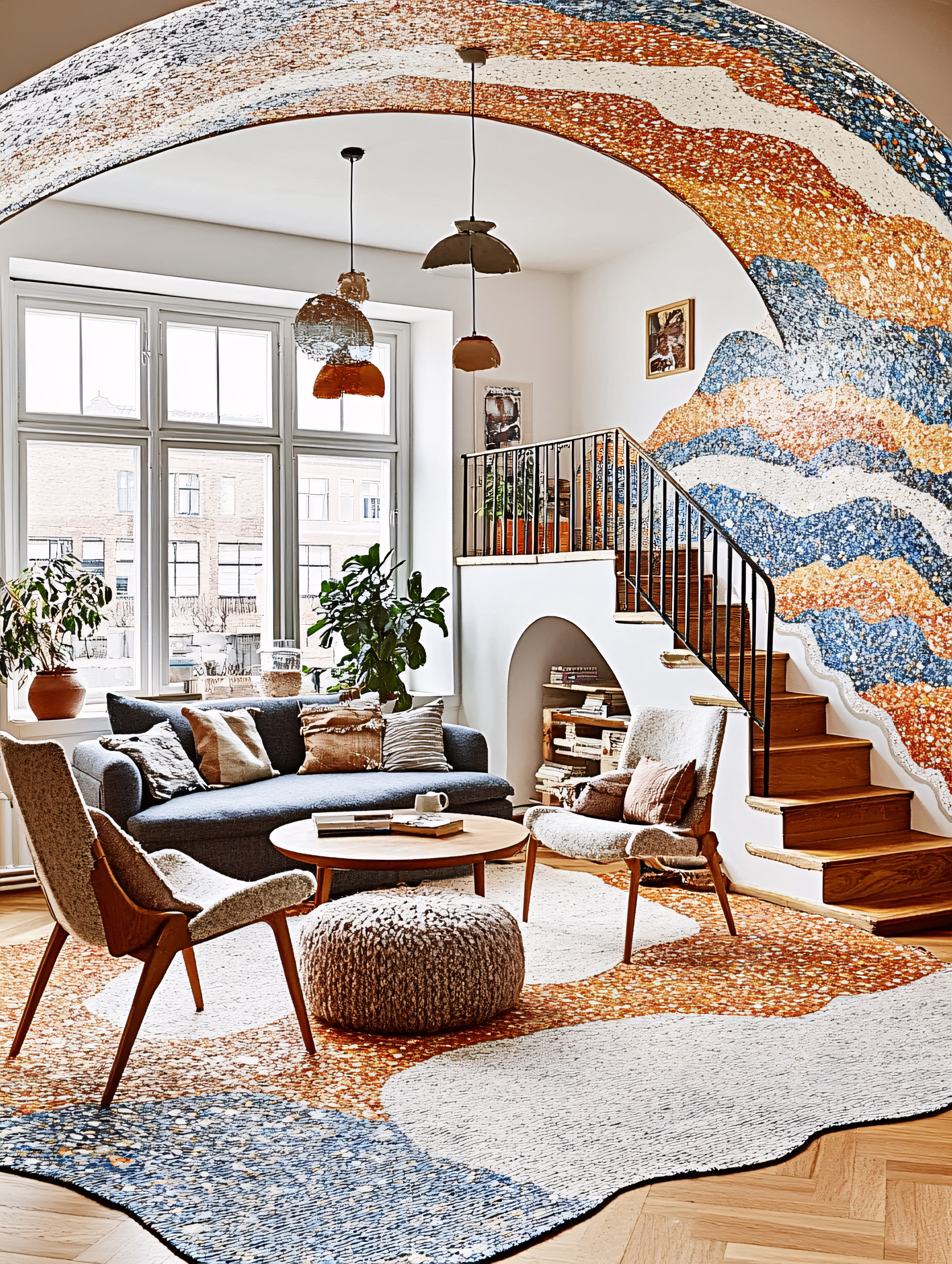 Stylish Living Room with Speckled Wall and Rug Decor