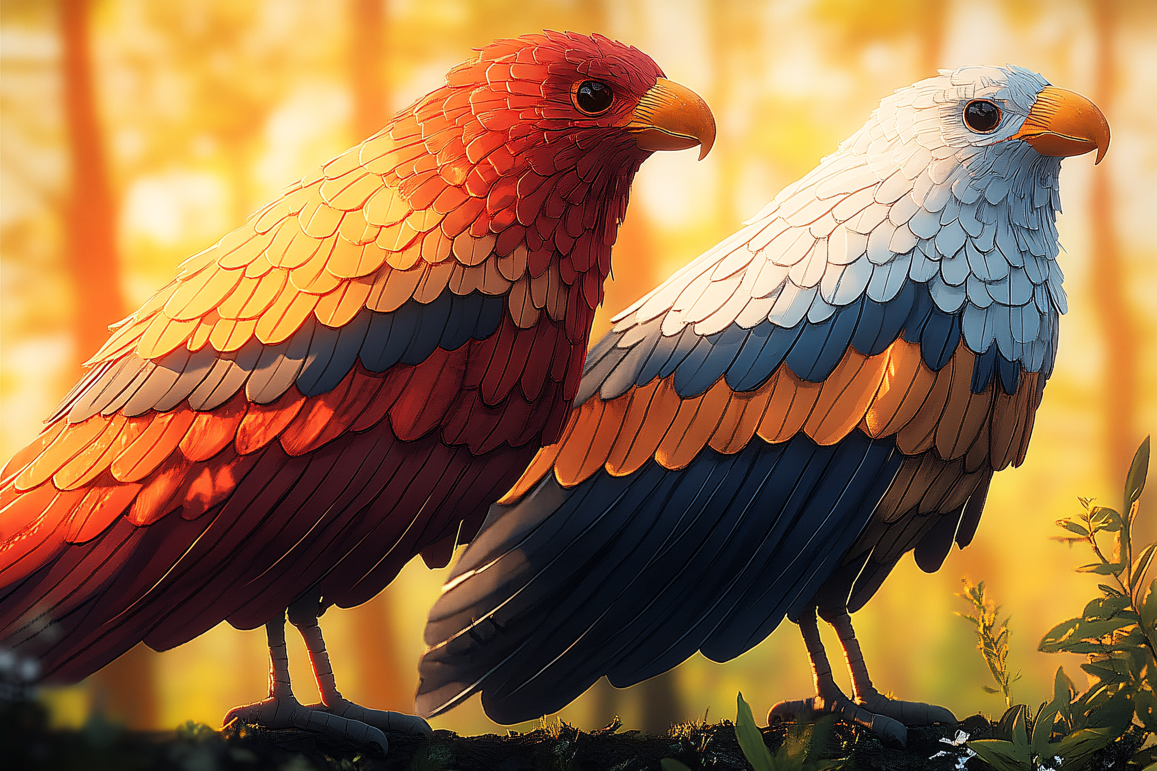 Stylized Birds Perched On Branch