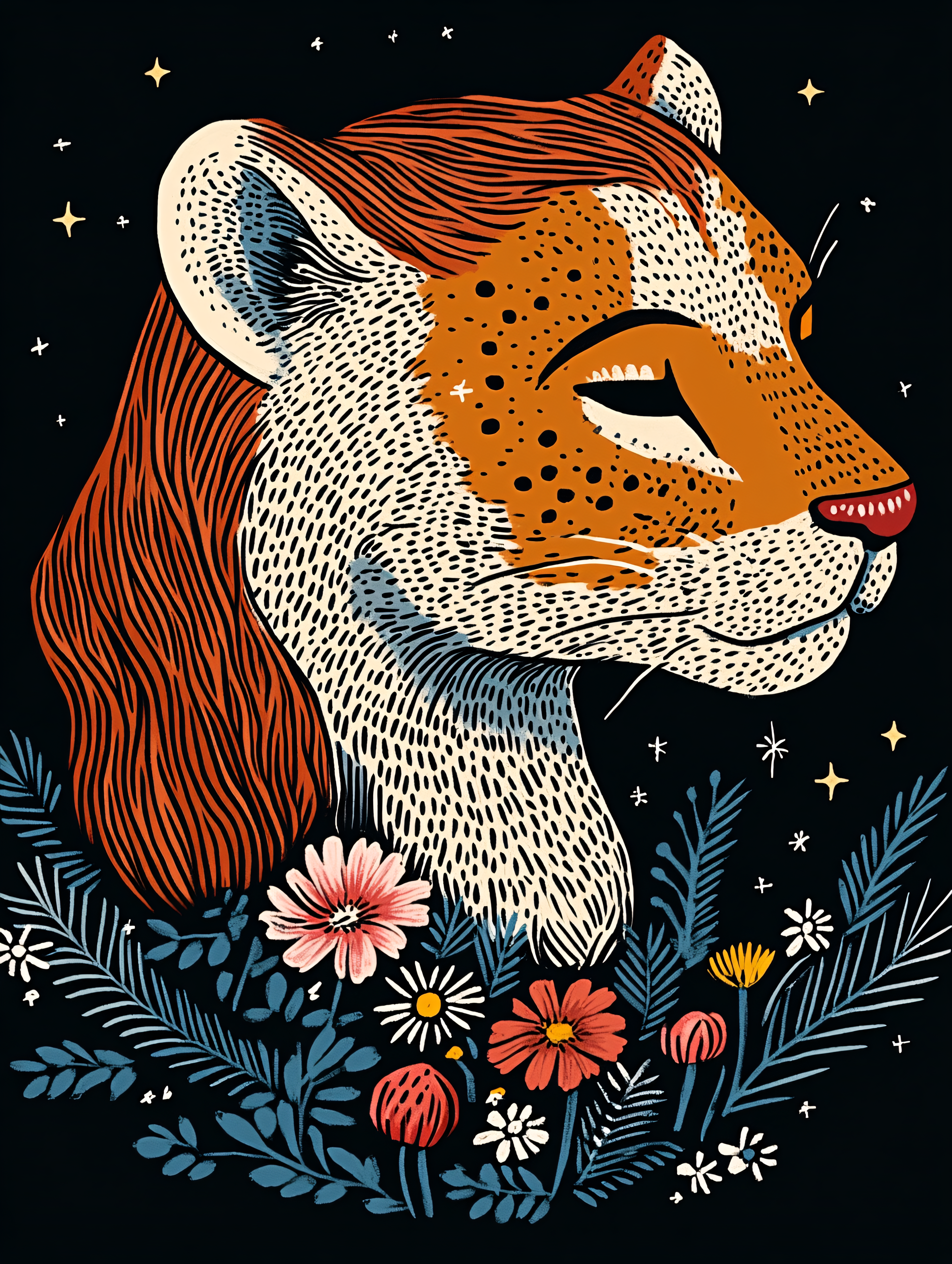 Stylized Leopard with Floral Accents