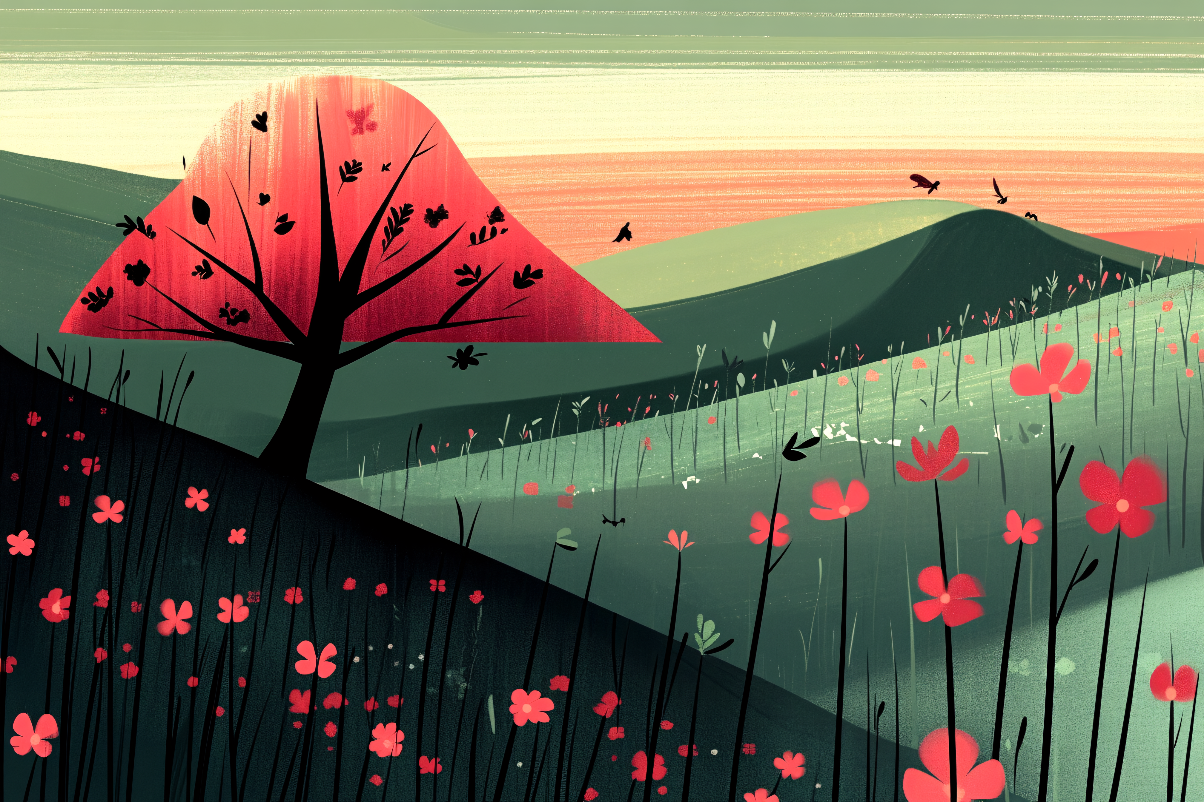 Stylized Red Tree Landscape