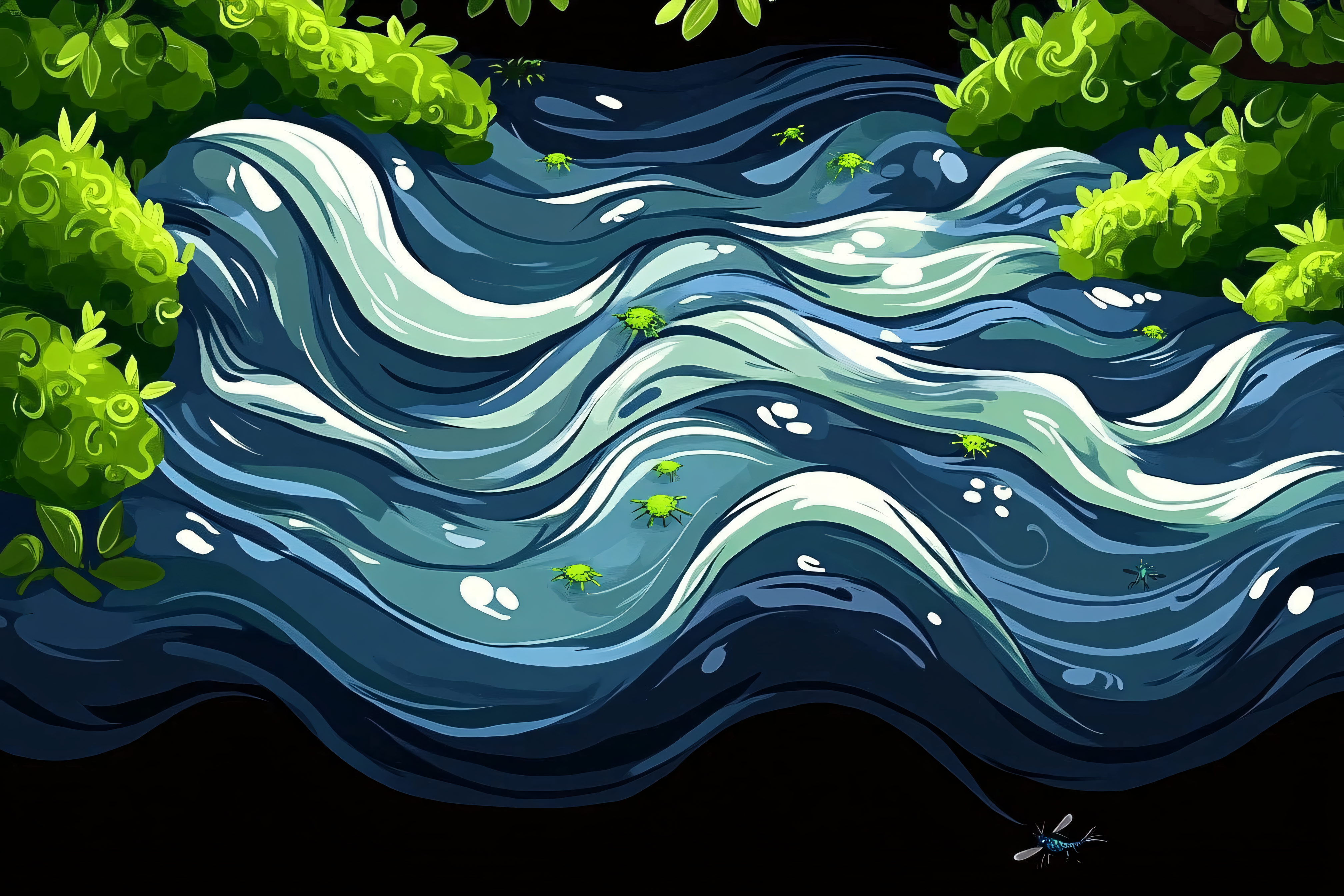 Stylized River with Green Insects and Lush Foliage