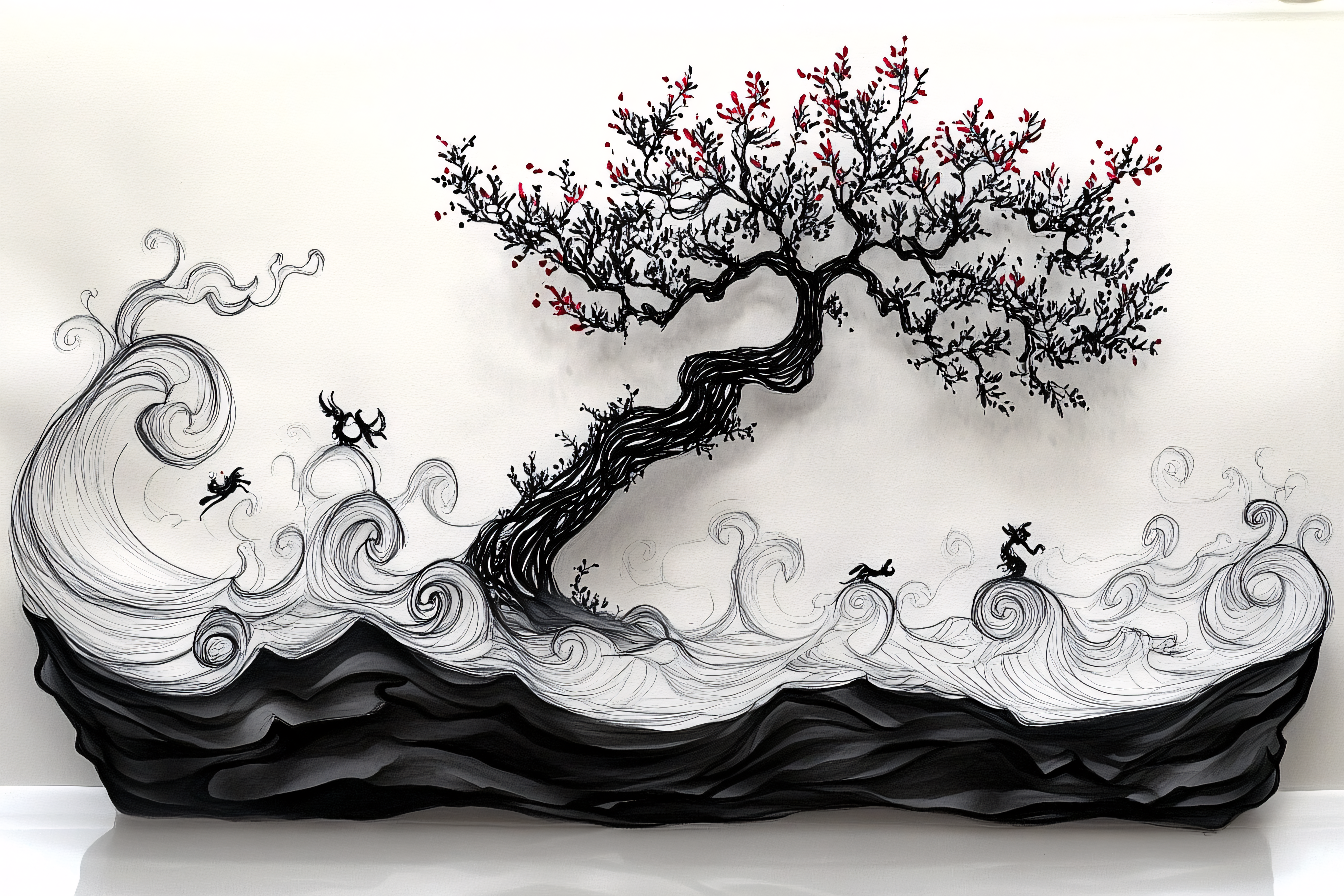 Stylized Tree and Wave Illustration