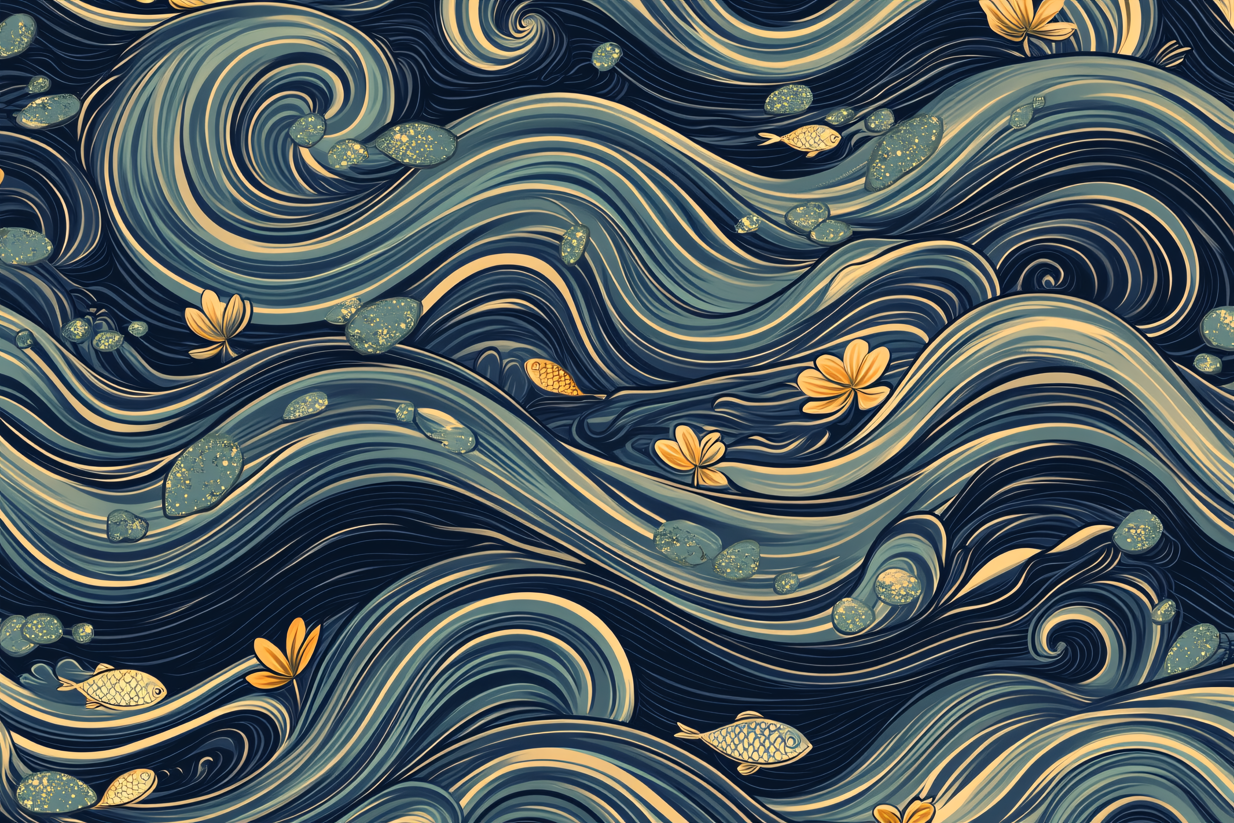 Stylized Water Scene With Fish And Flowers