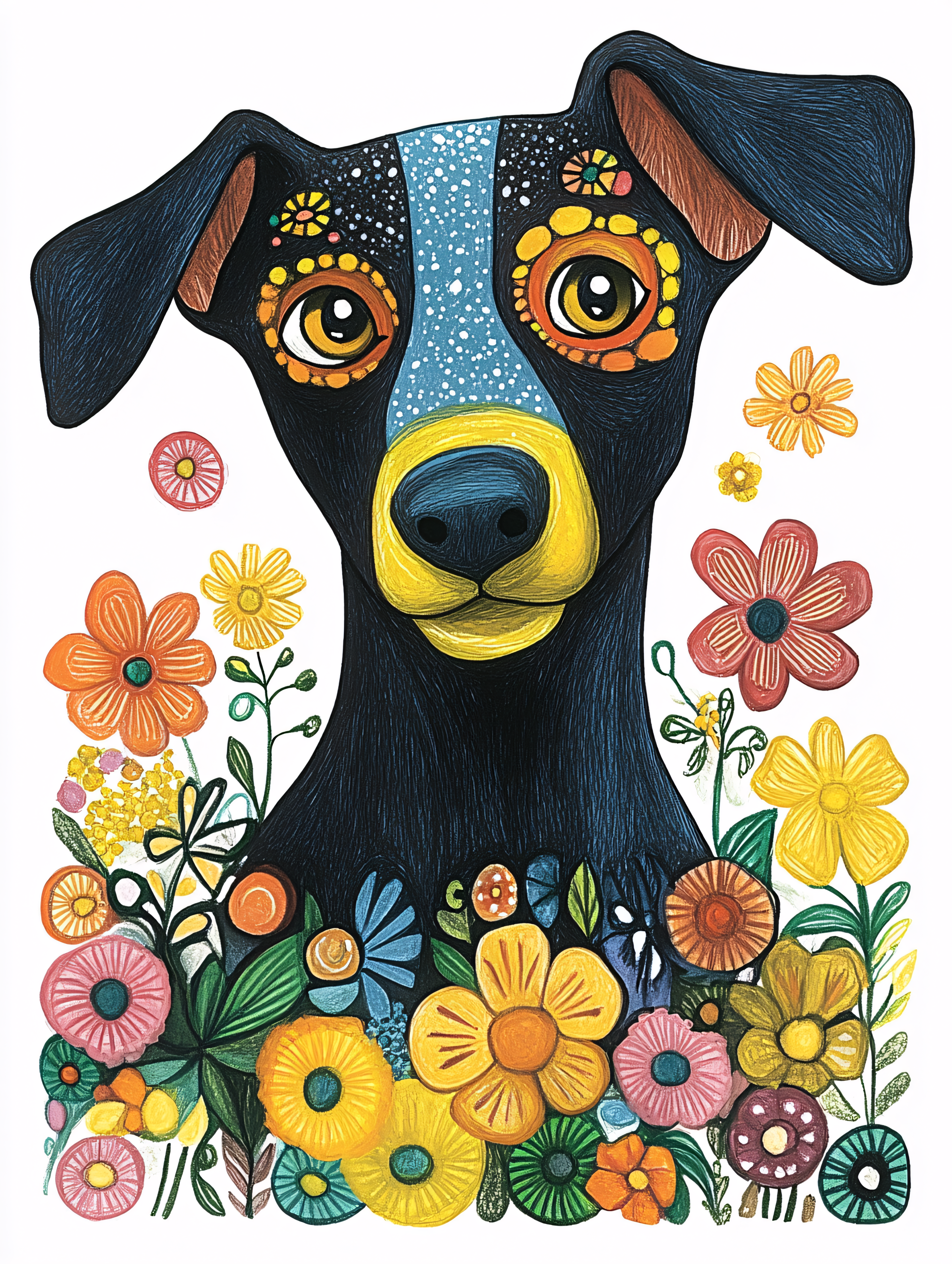 Sugar Skull Dog with Flowers Illustration