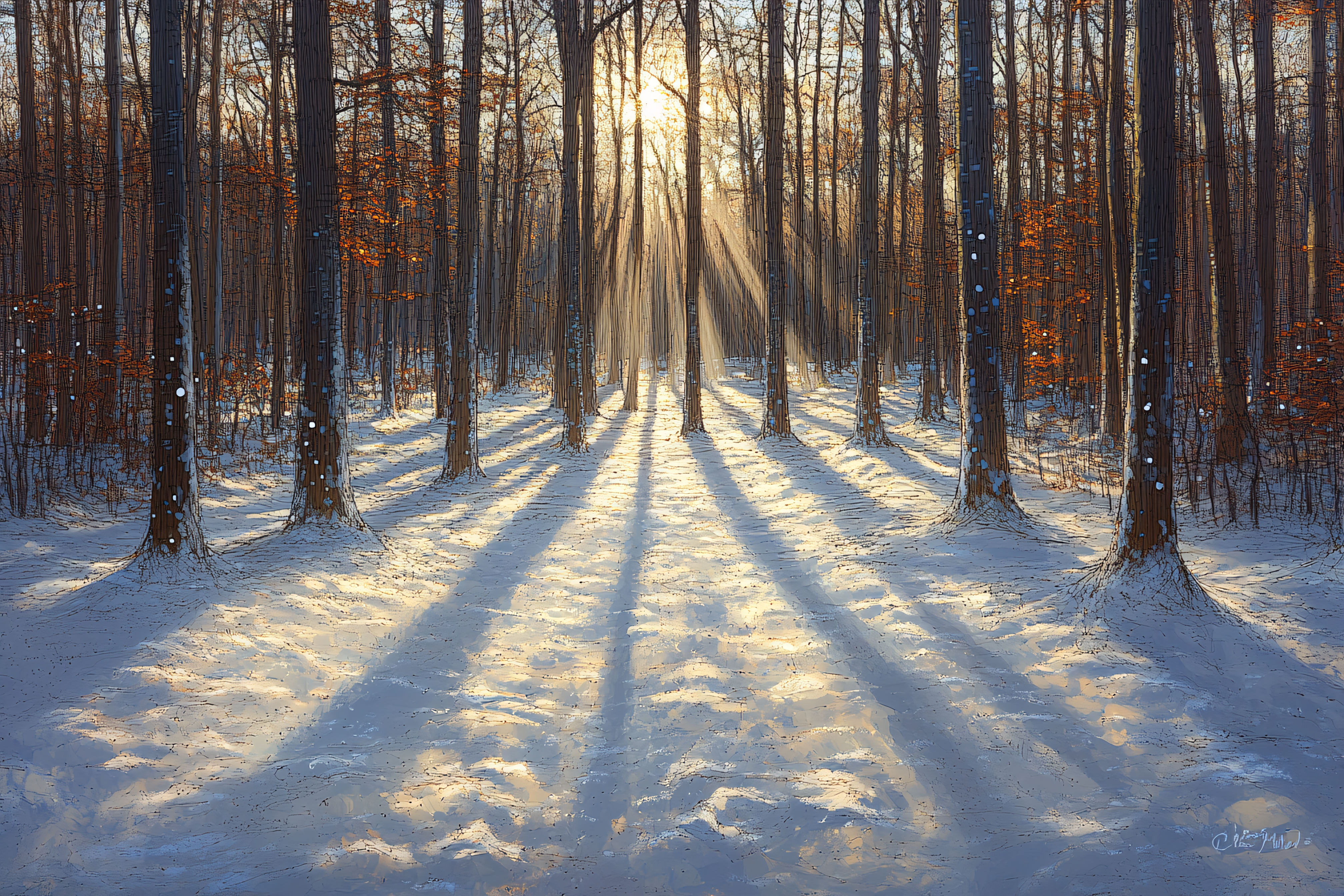 Sun Rays Through Winter Forest
