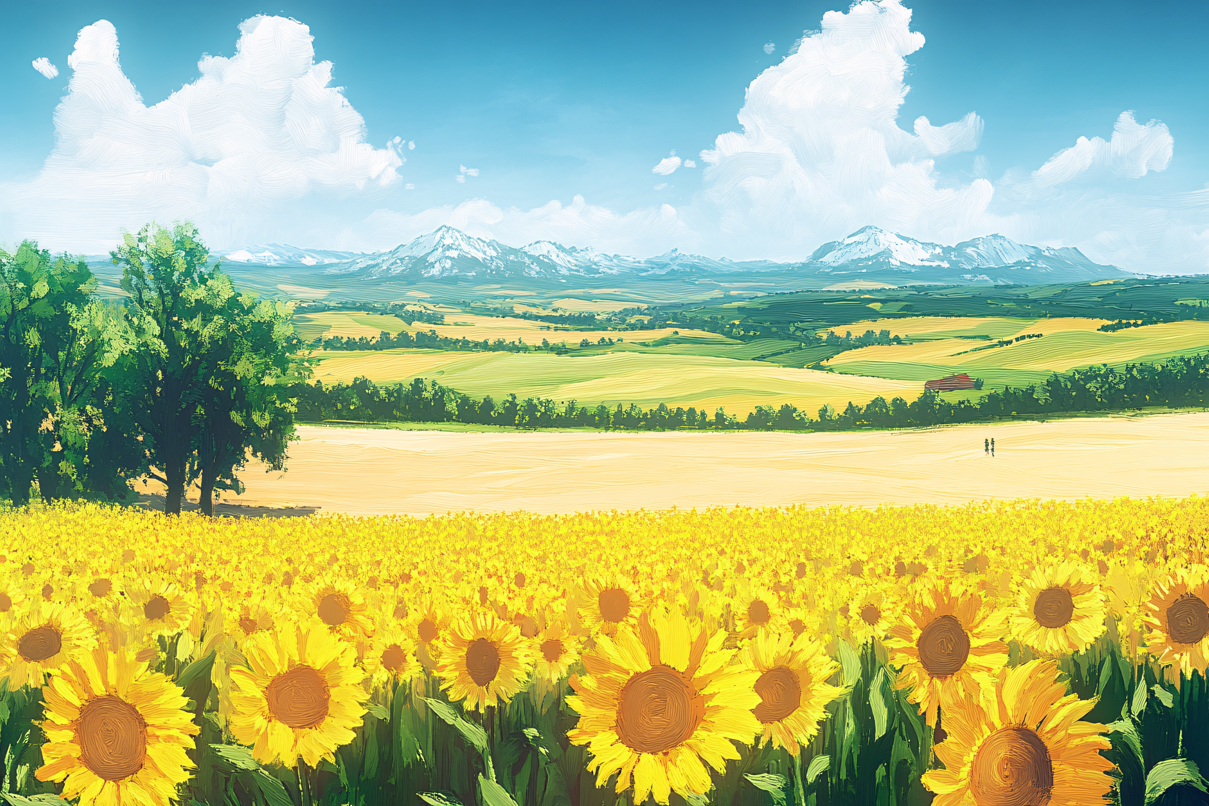 Sunflower Field Landscape with Mountains