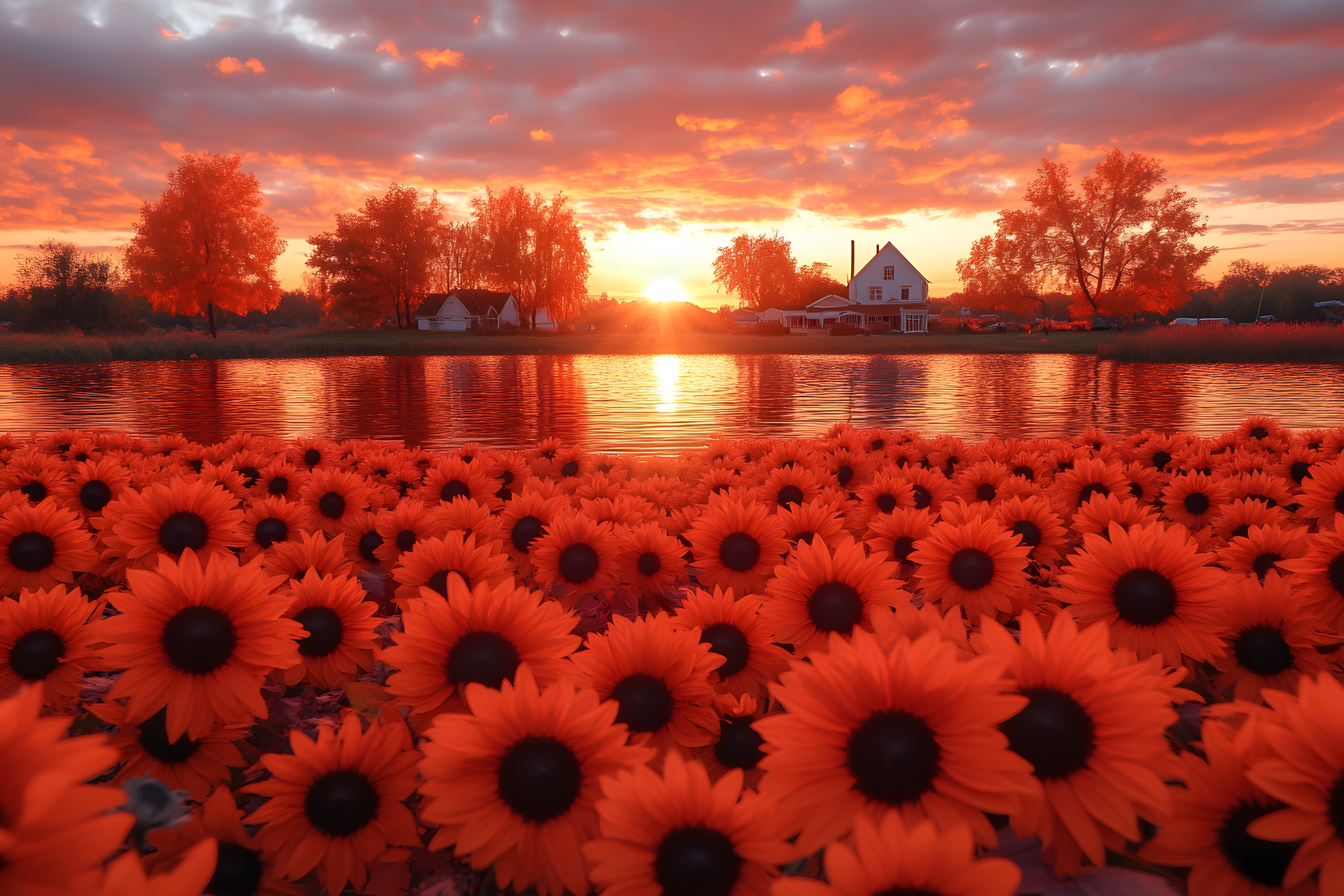 Sunflower Field Sunset Lake