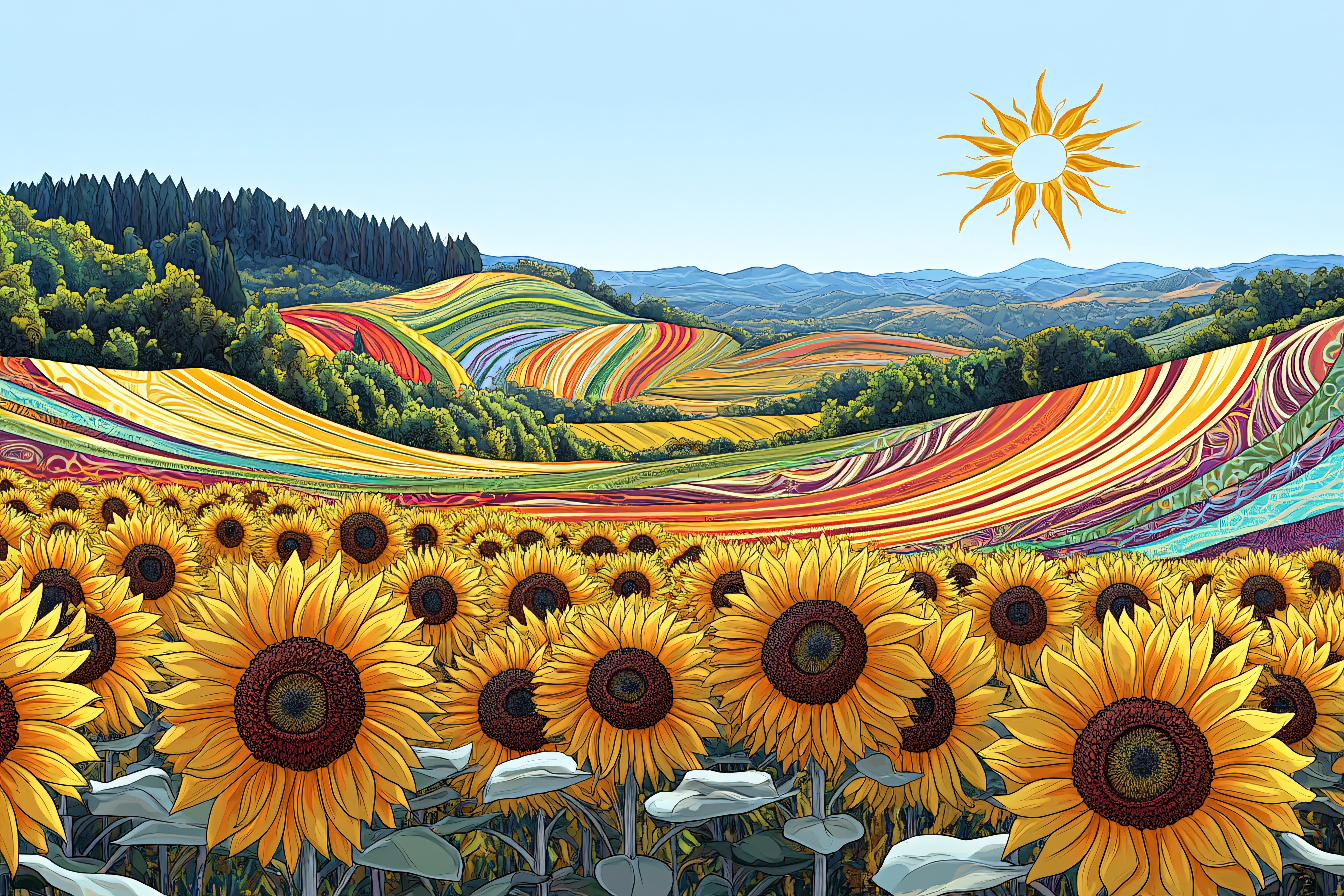Sunflower Field with Psychedelic Hills