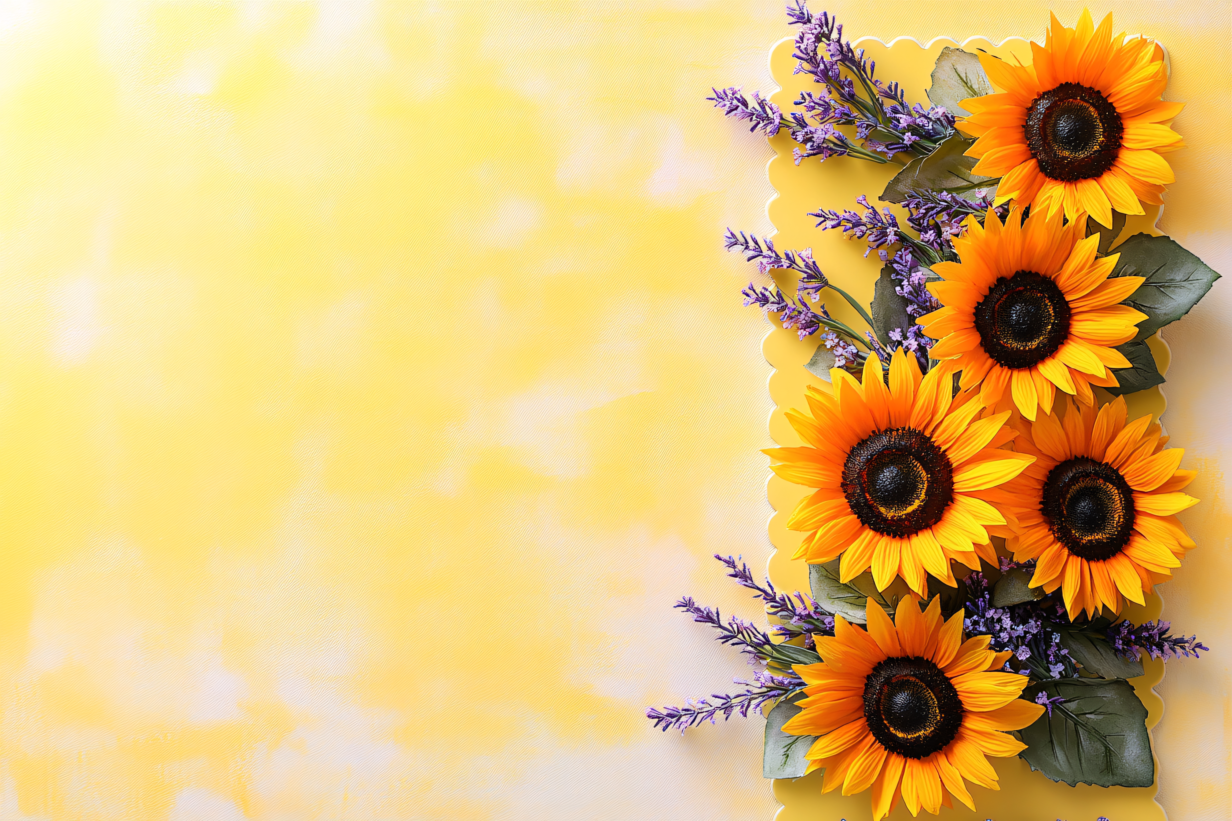 Sunflowers and Lavender on Yellow Background