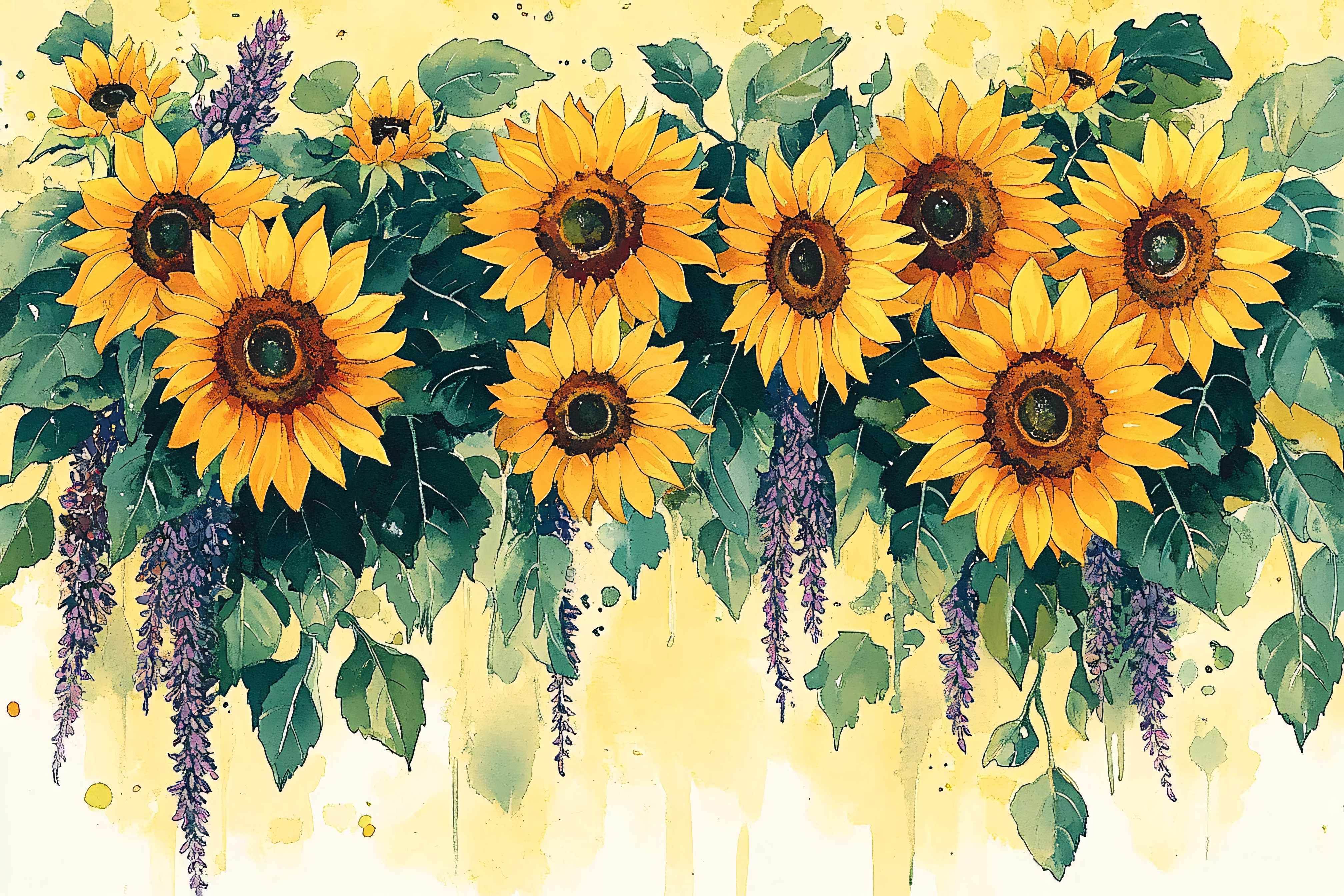 Sunflowers and Lavender Watercolor