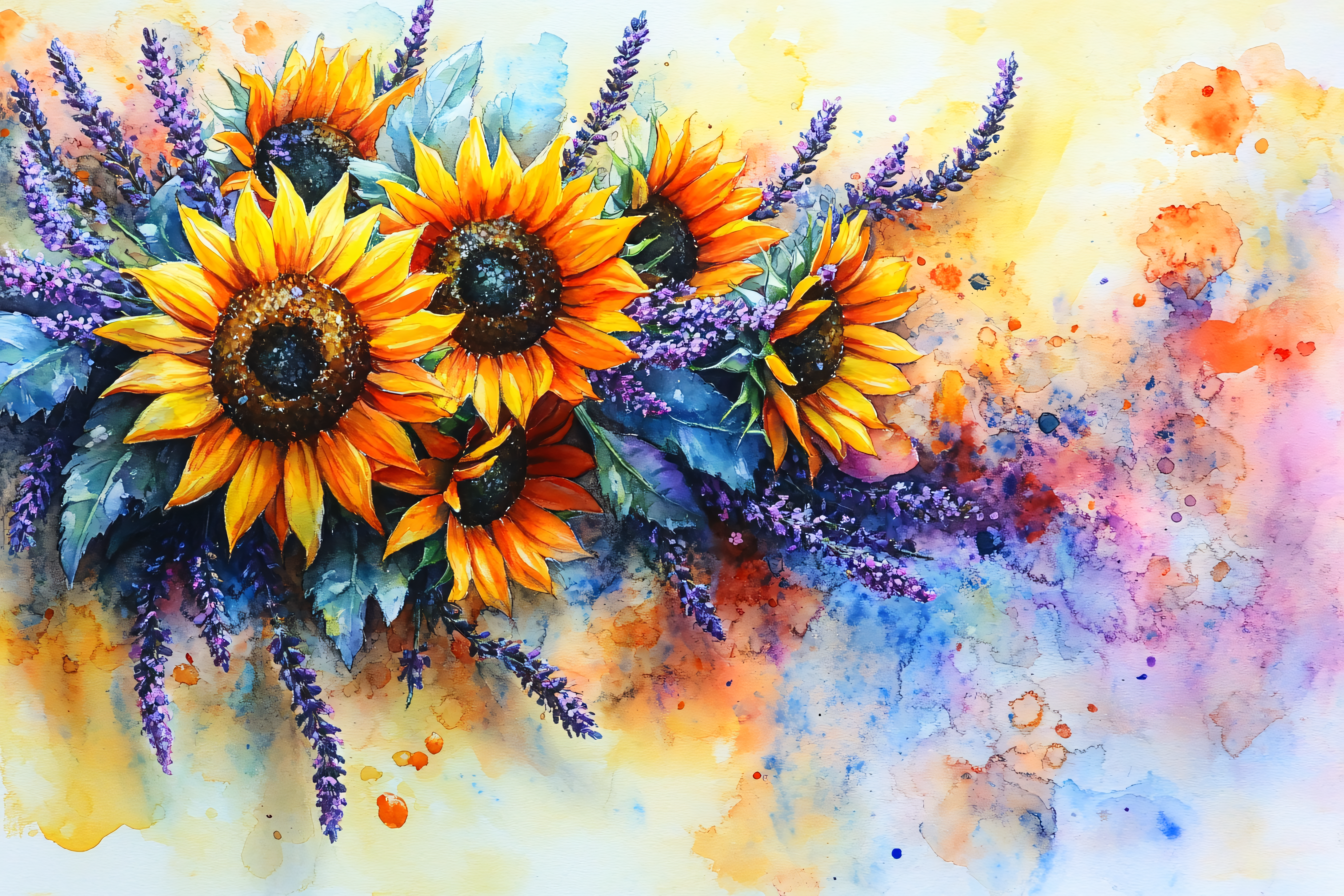 Sunflowers and Lavender Watercolor