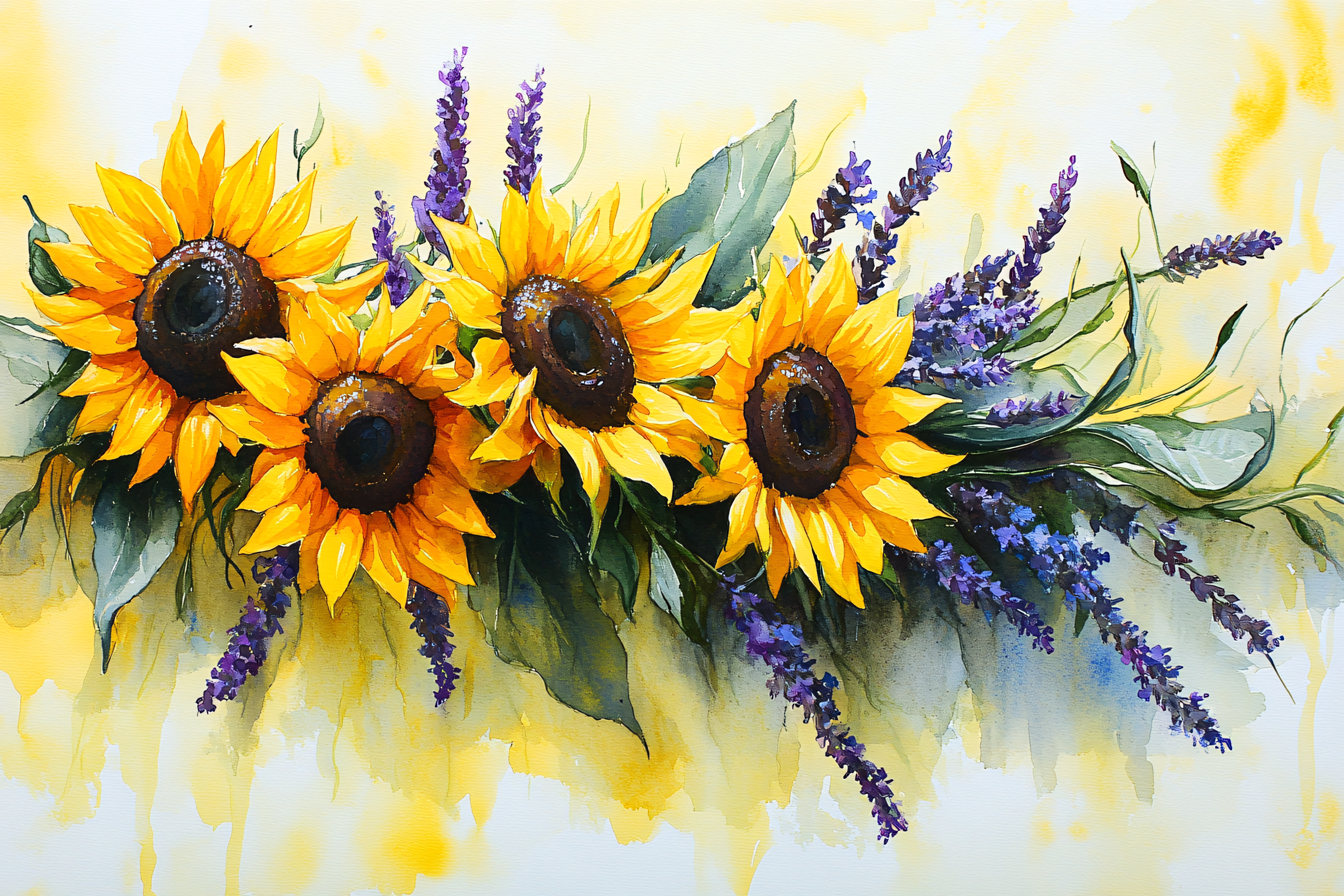 Sunflowers and Lavender Watercolor