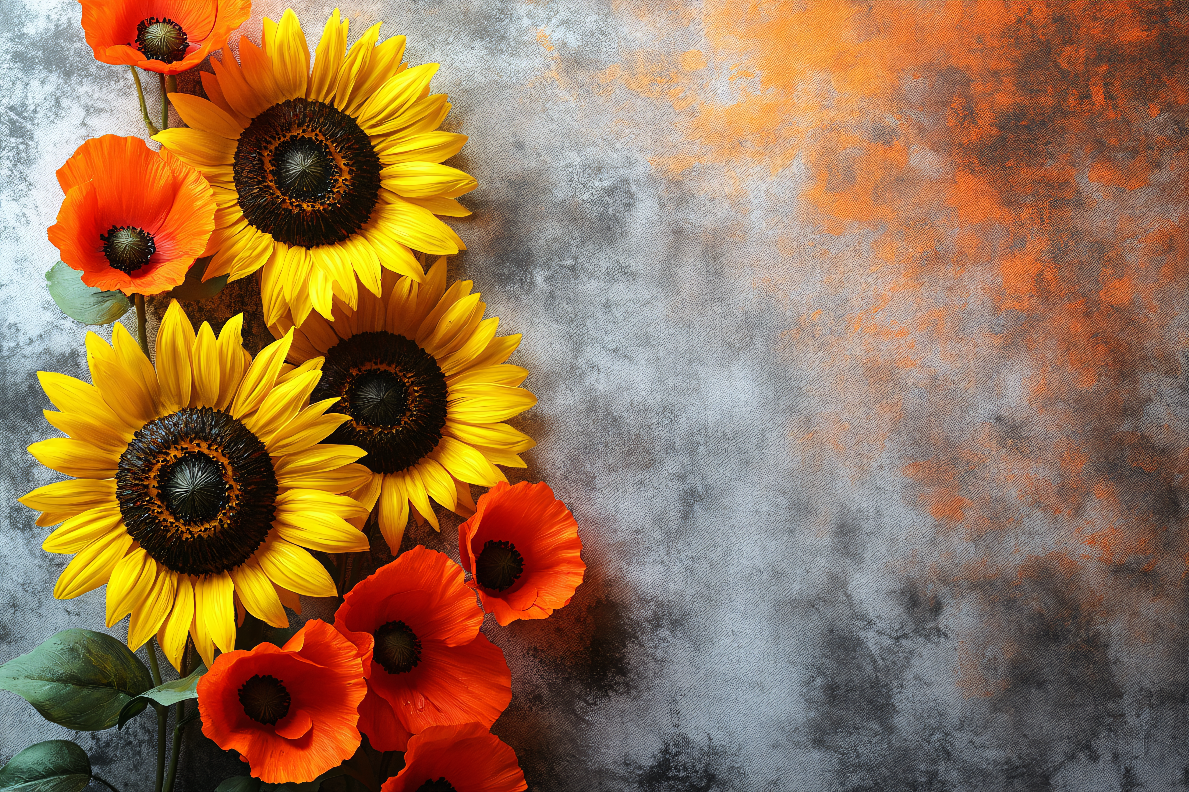 Sunflowers and Poppies Against a Textured Background