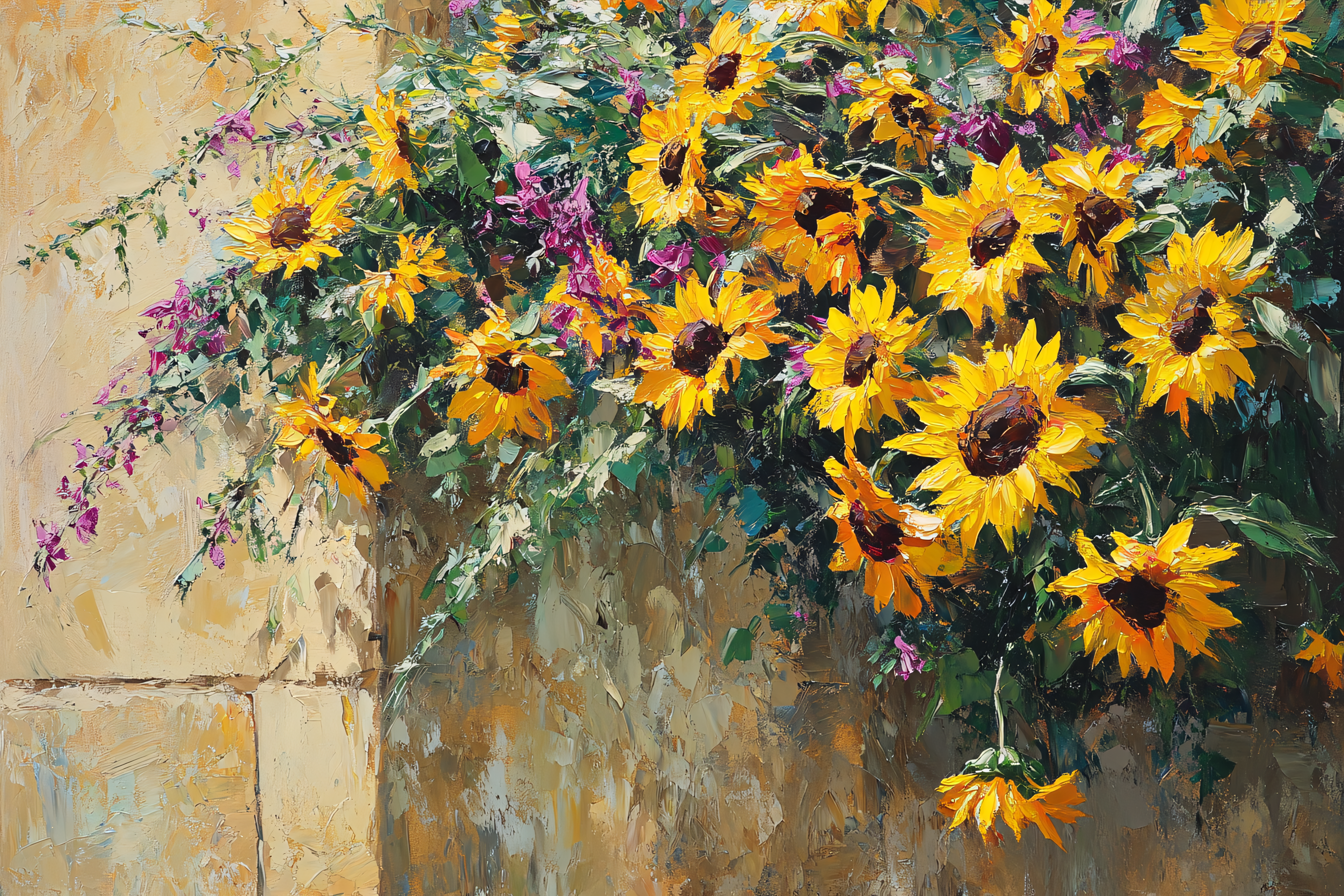 Sunflowers and Purple Flowers on a Stone Wall