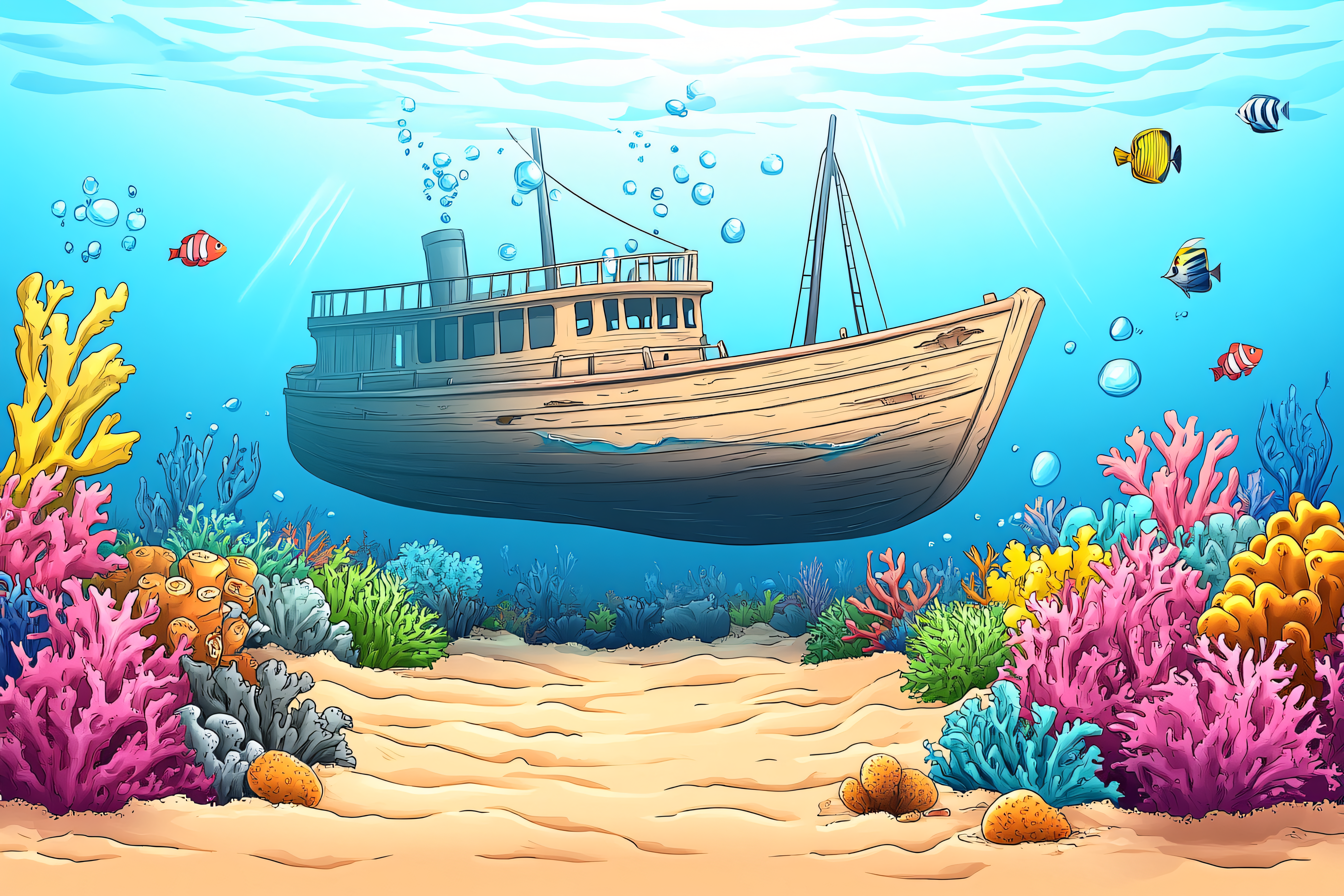 Sunken Ship And Coral Reef