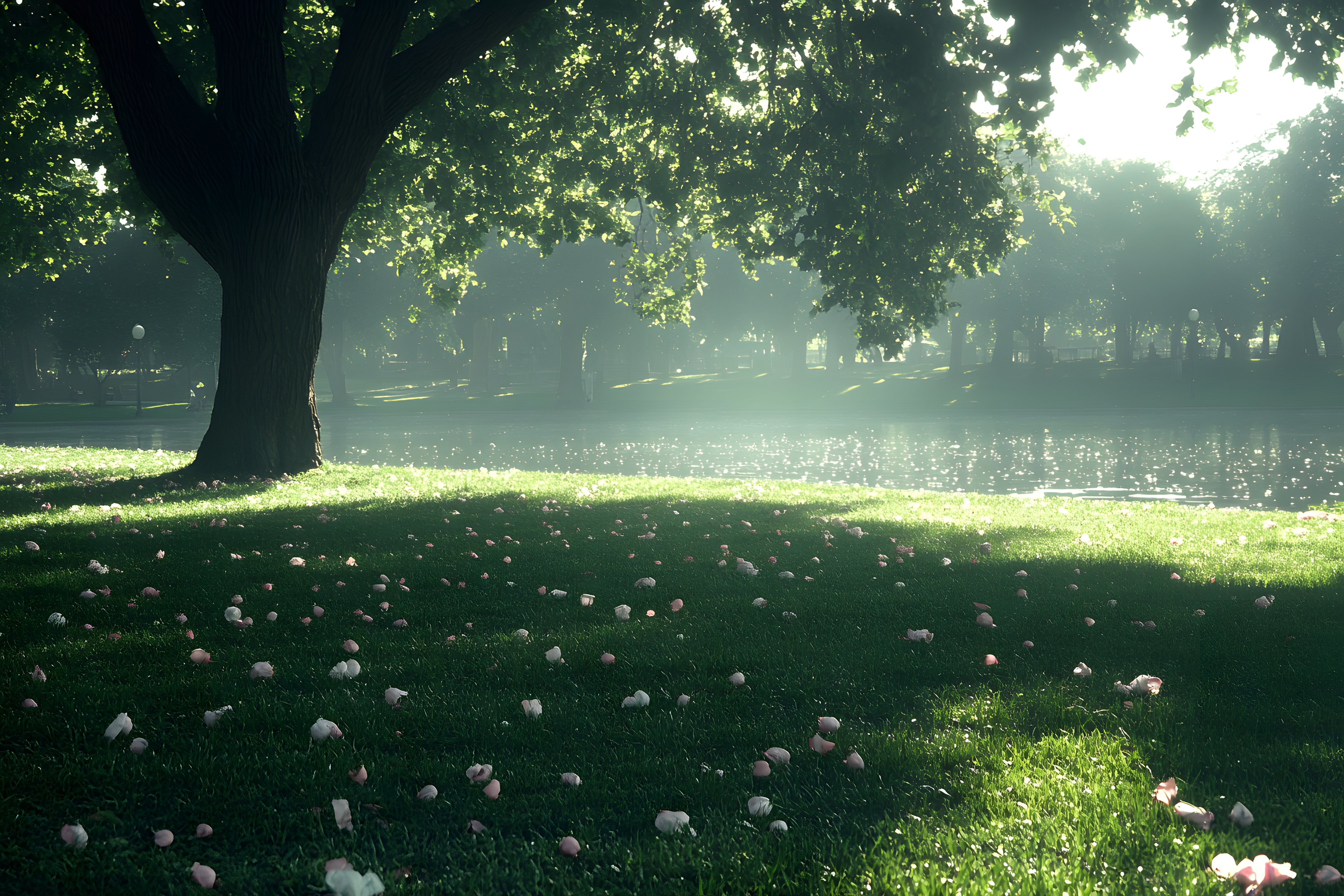 Sunlight Through Tree Canopy By Lake