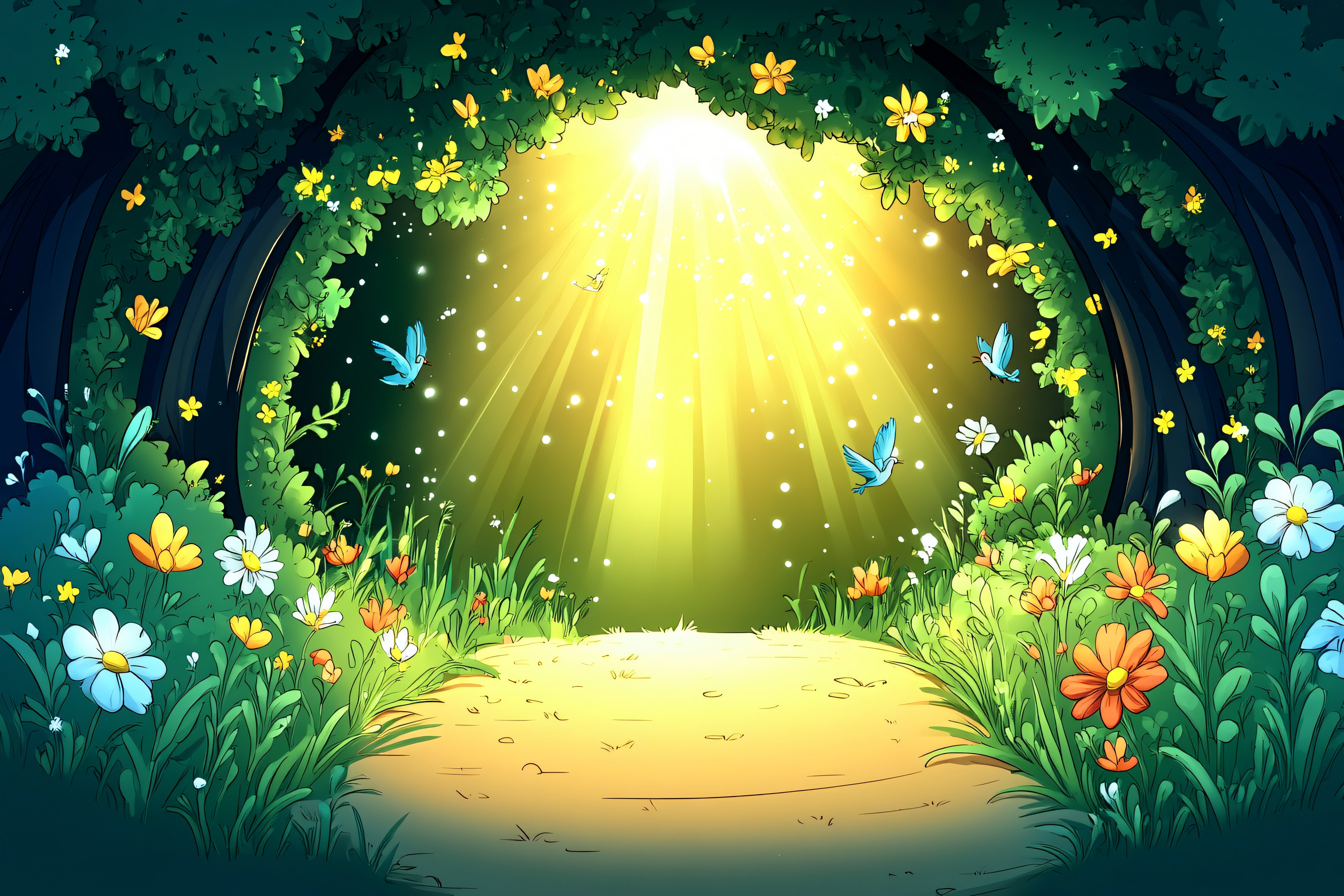 Sunlit Forest Path With Butterflies