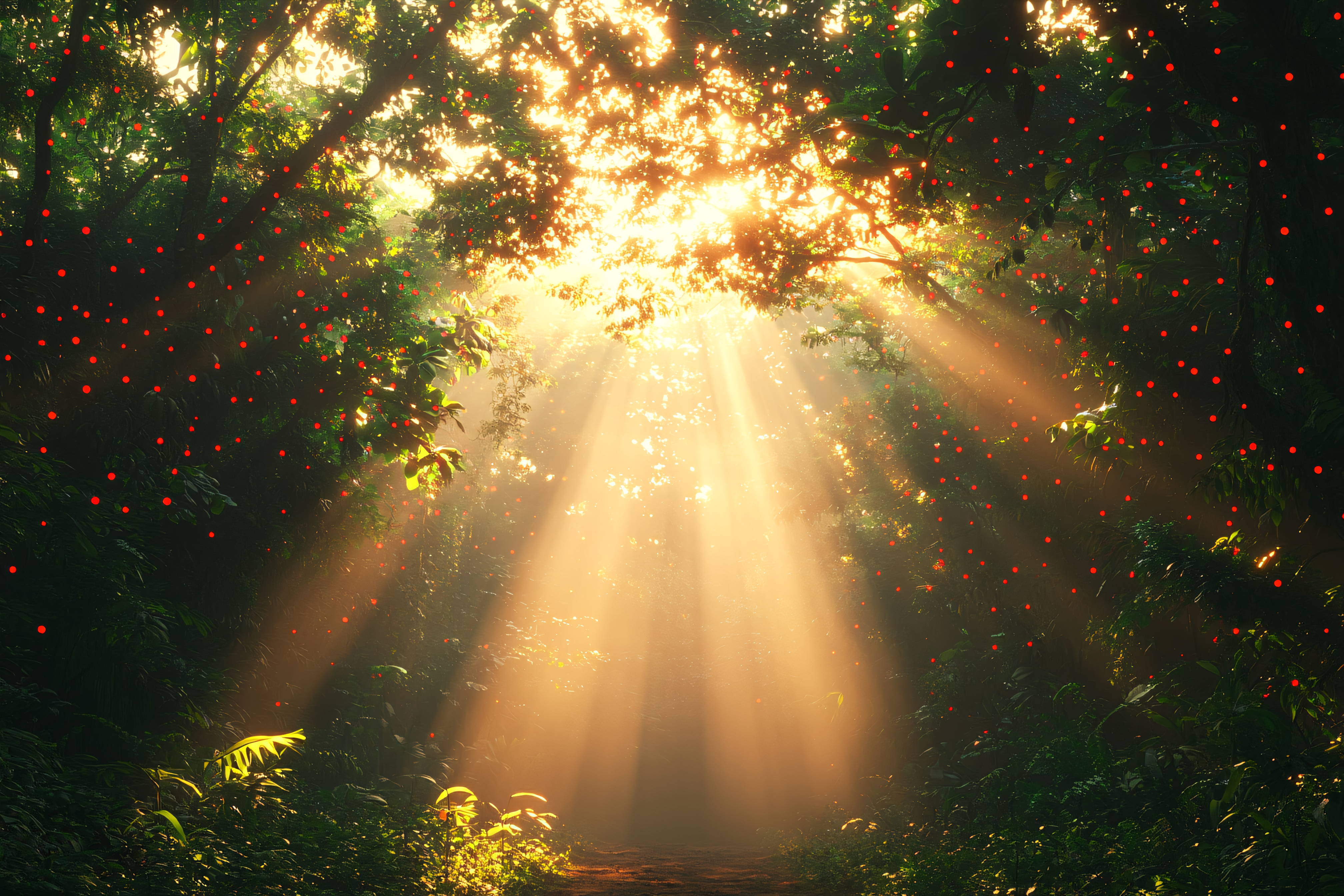 Sunlit Forest Path with Red Dots
