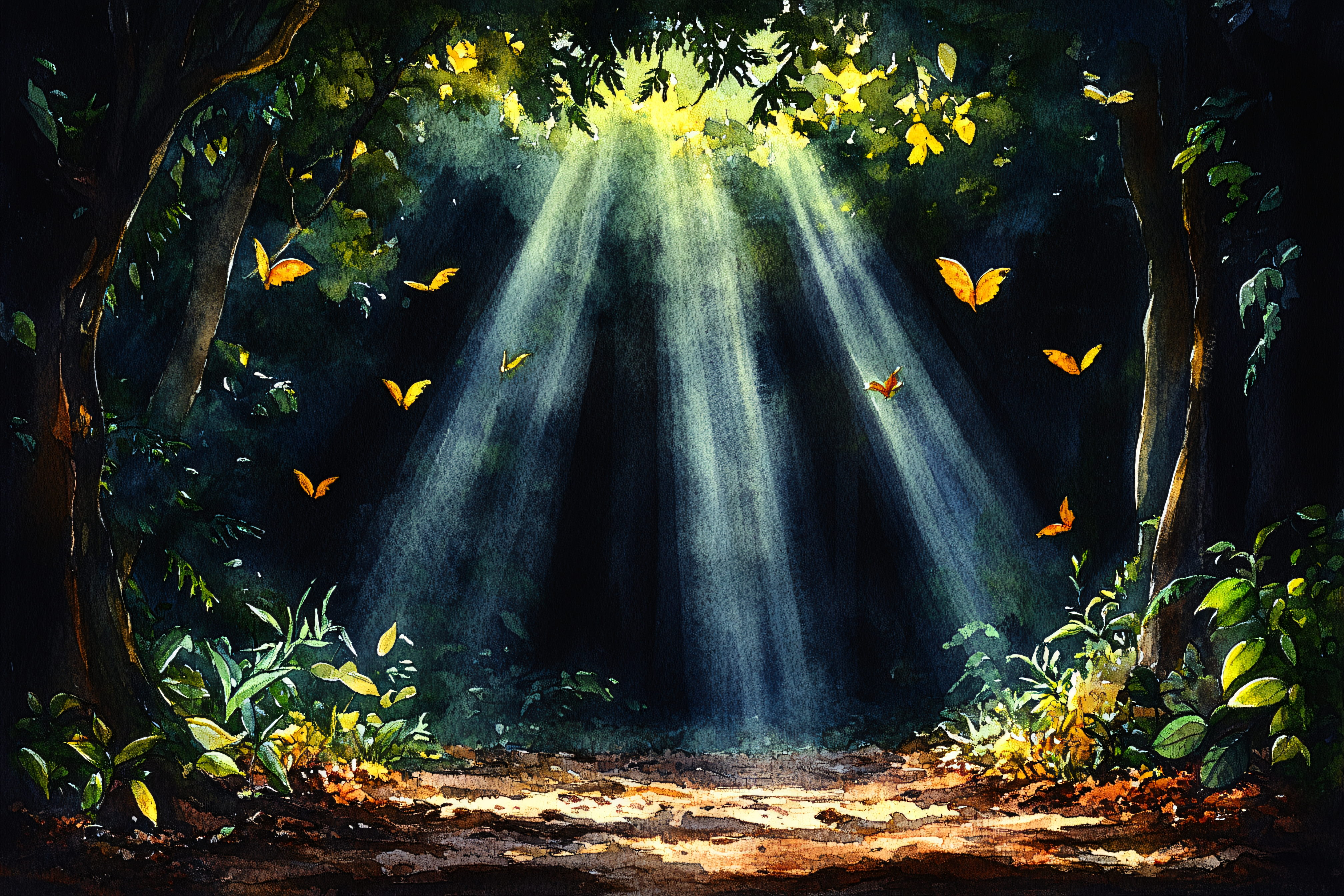 Sunlit Forest with Butterflies