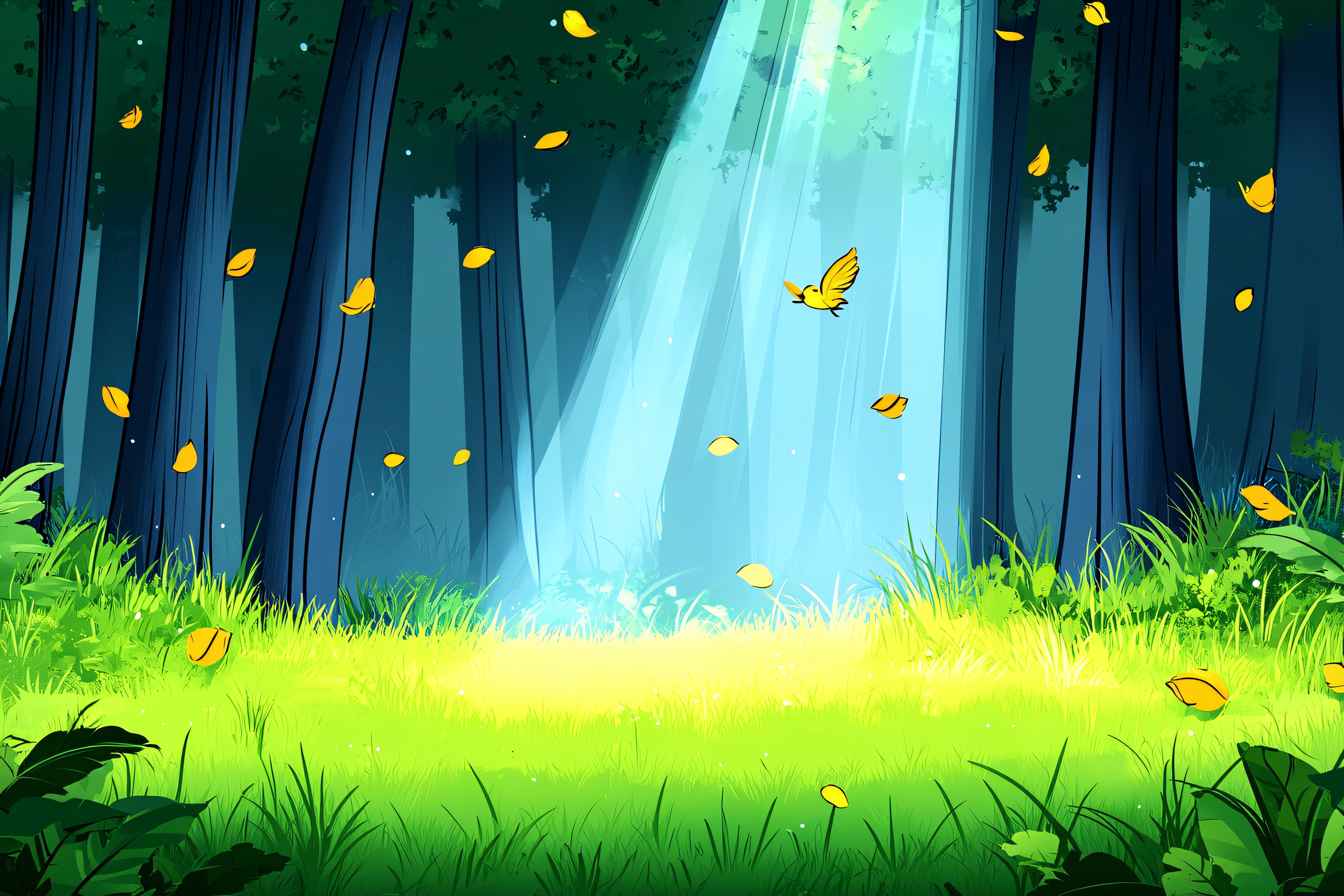 Sunlit Forest with Falling Leaves