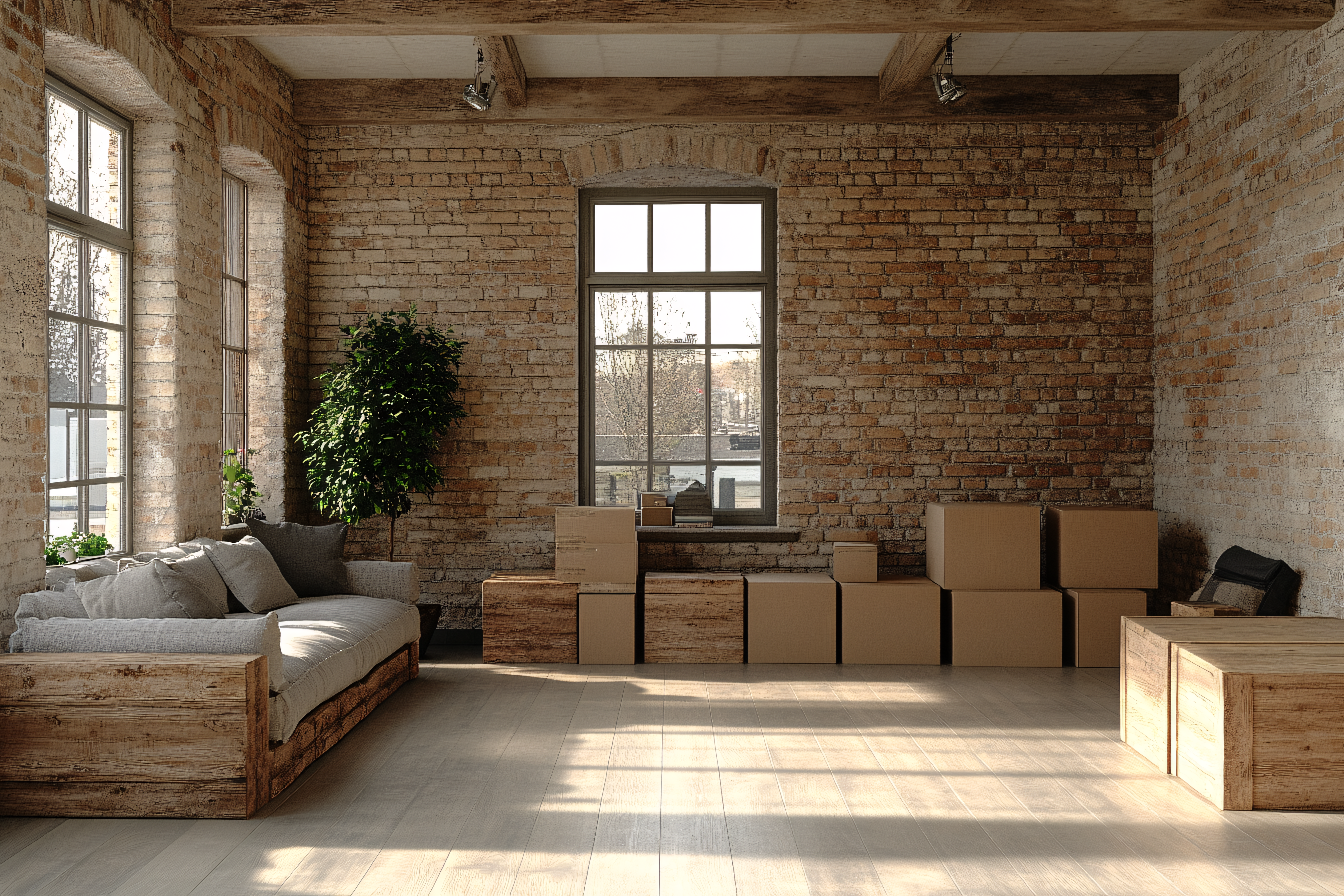 Sunlit Loft Apartment With Moving Boxes