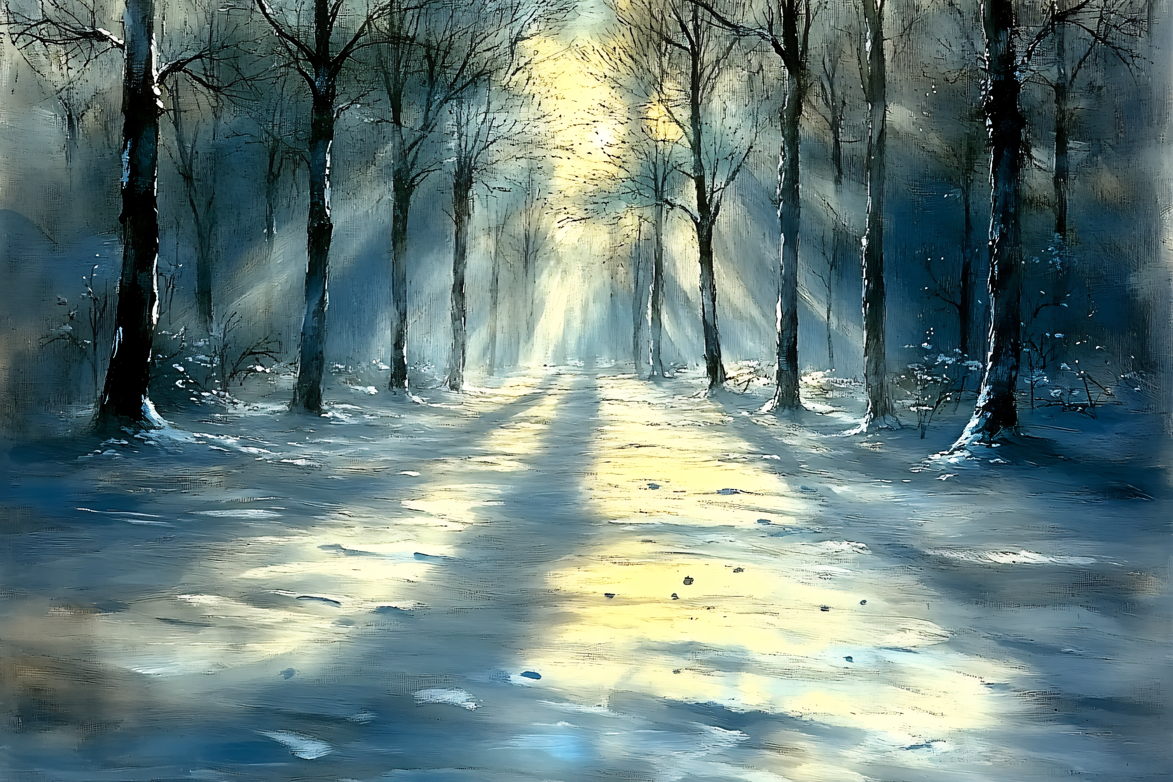 Sunlit Path Through Winter Woods