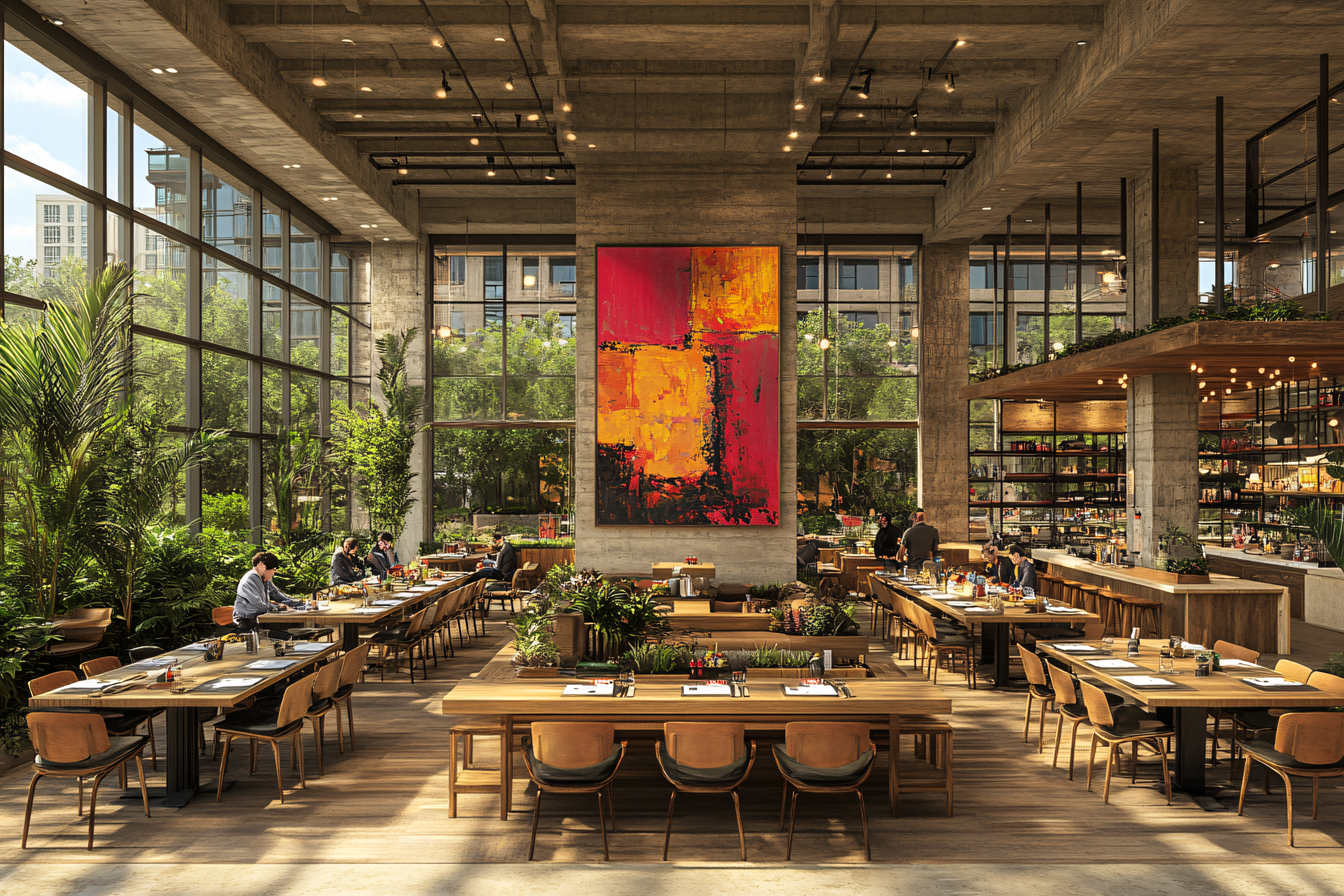Sunlit Restaurant Interior With Abstract Art