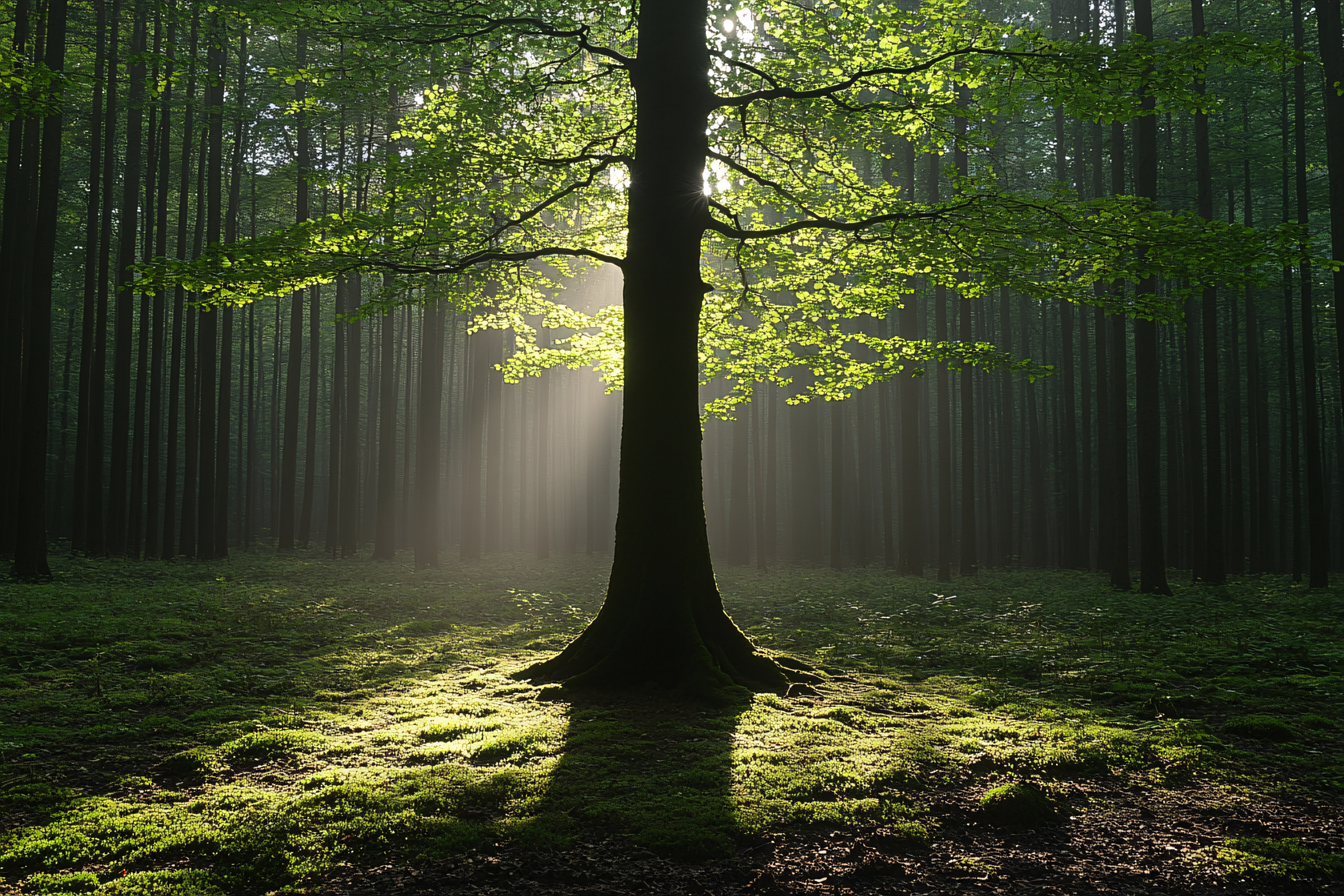 Sunlit Tree in Forest