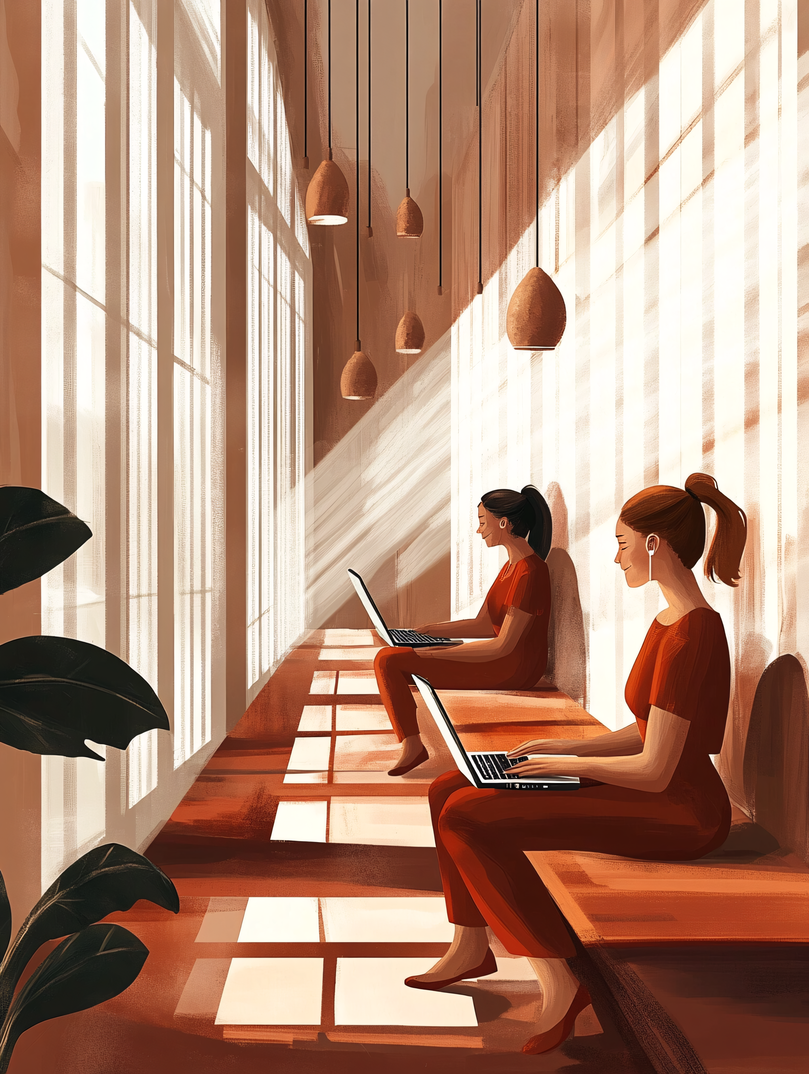 Sunlit Workspace With Working Women