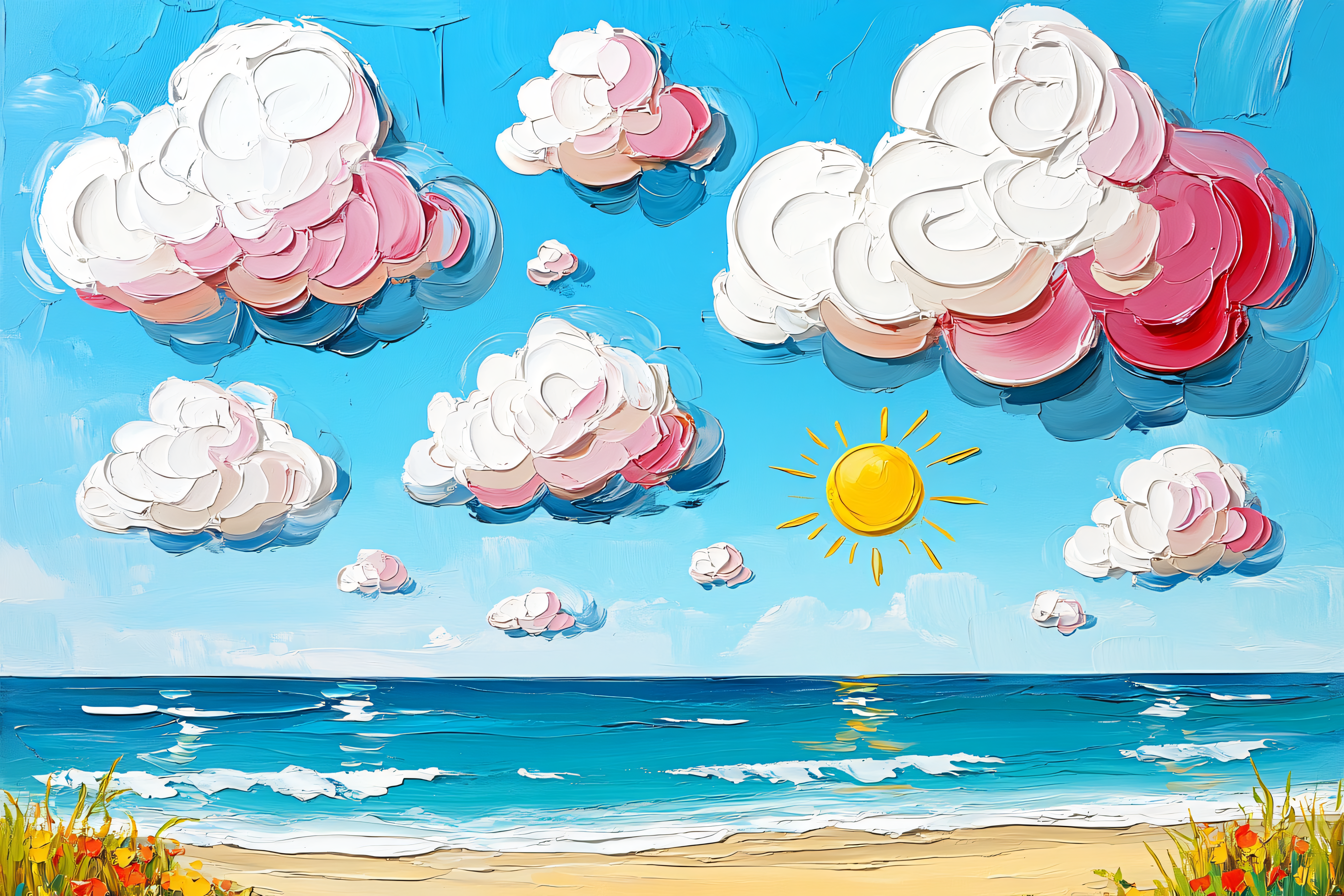 Sunny Beach with Fluffy Clouds Painting