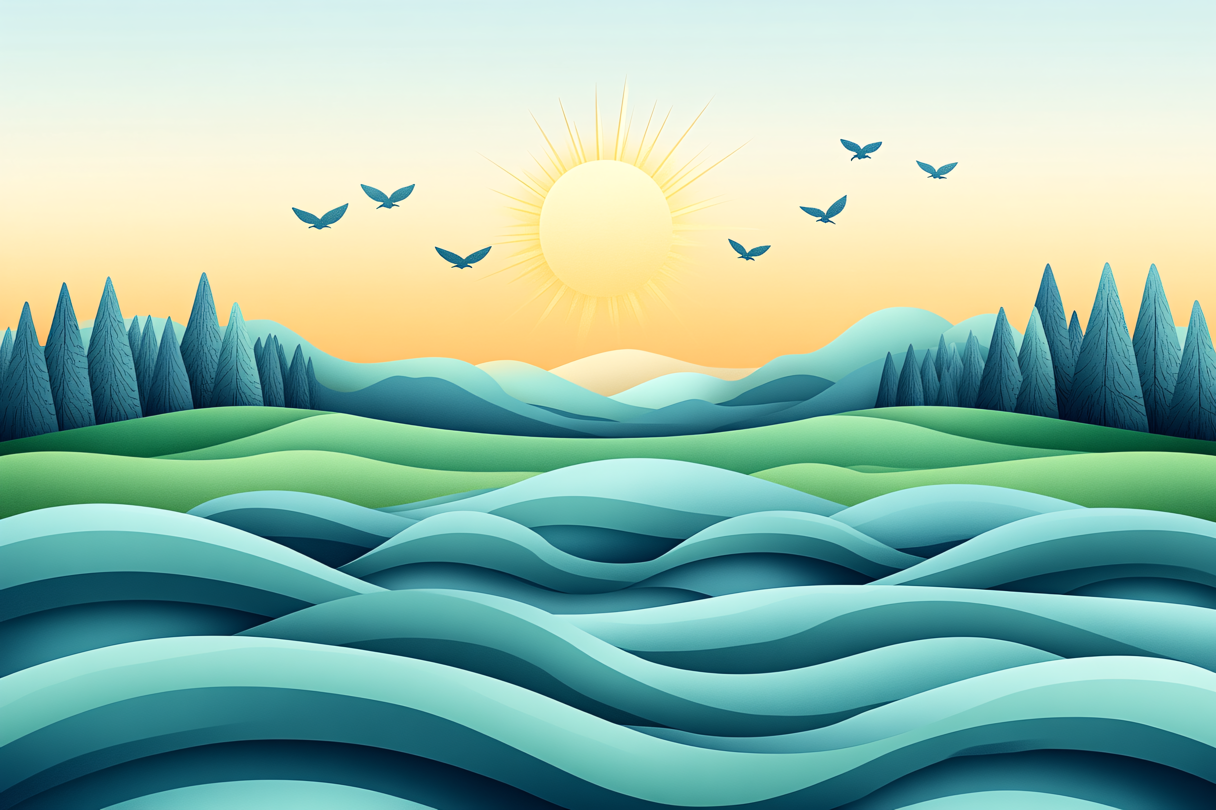 Sunrise Landscape With Hills And Water