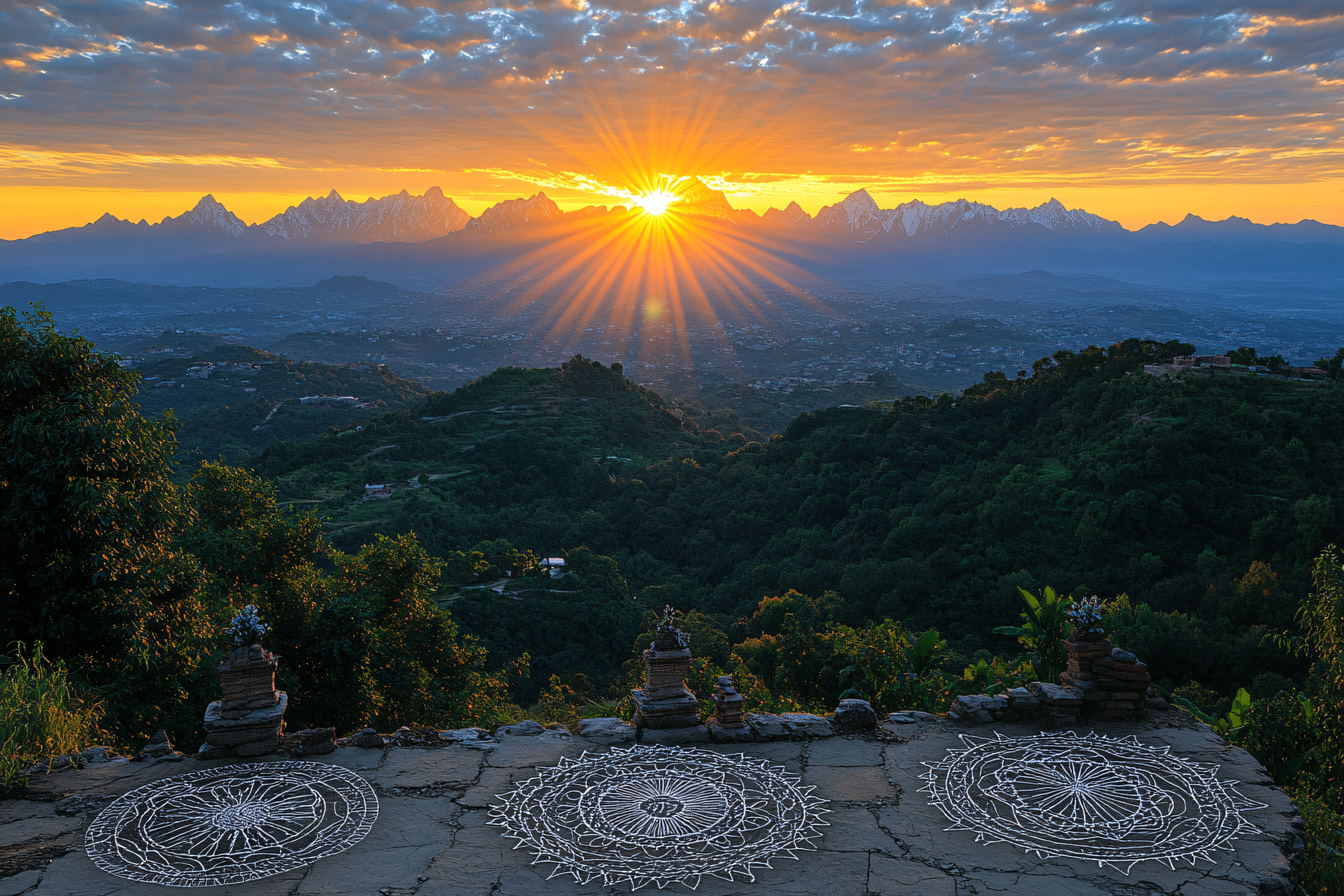 Sunrise Over Mountain Vista with Mandalas