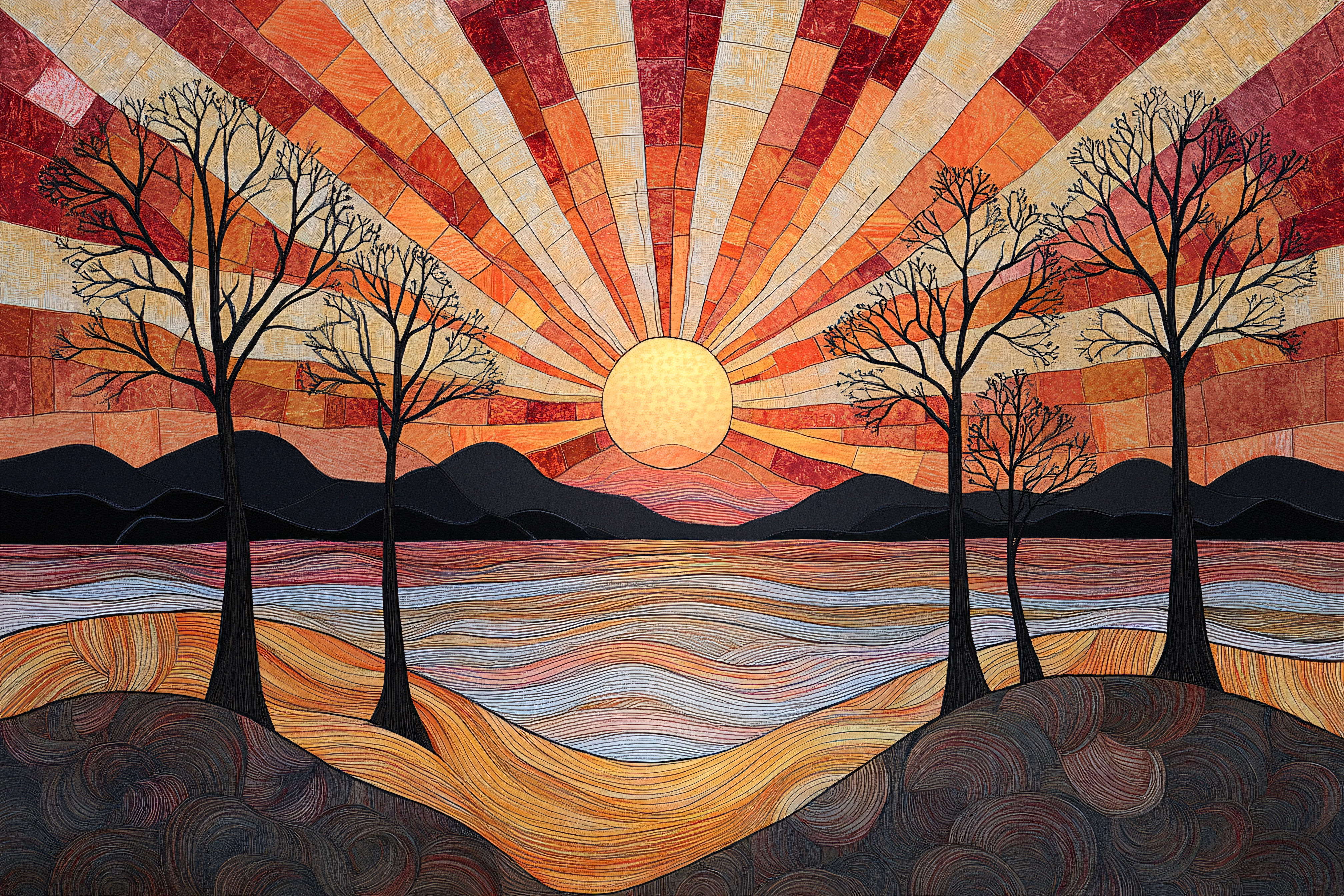 Sunrise Over Serene Lake With Bare Trees