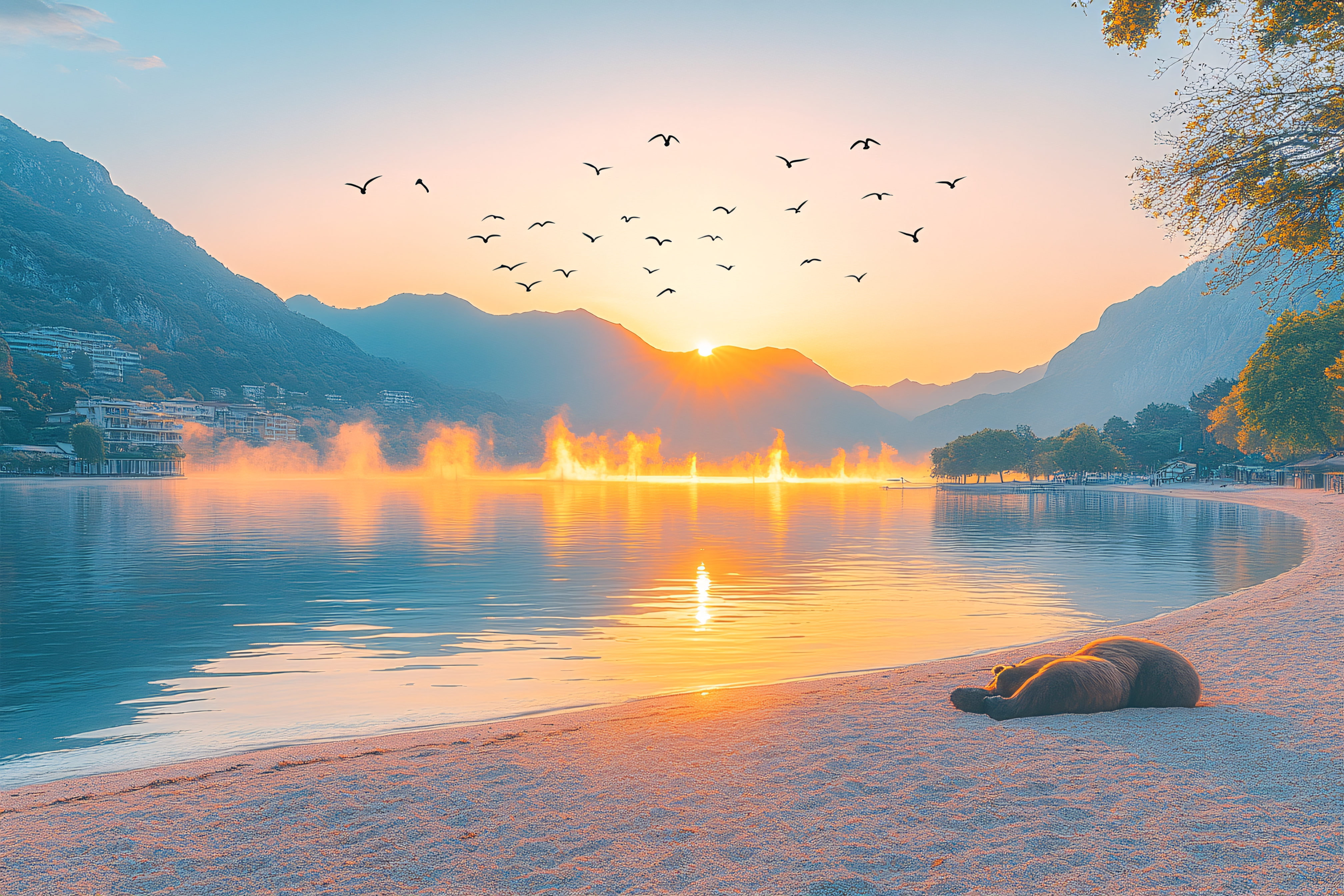 Sunrise Serenity with Resting Bear