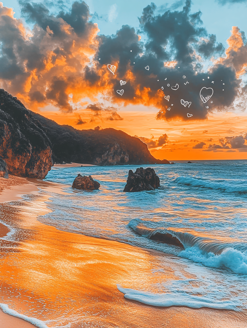 Sunset Beach with Golden Hues and Floating Hearts