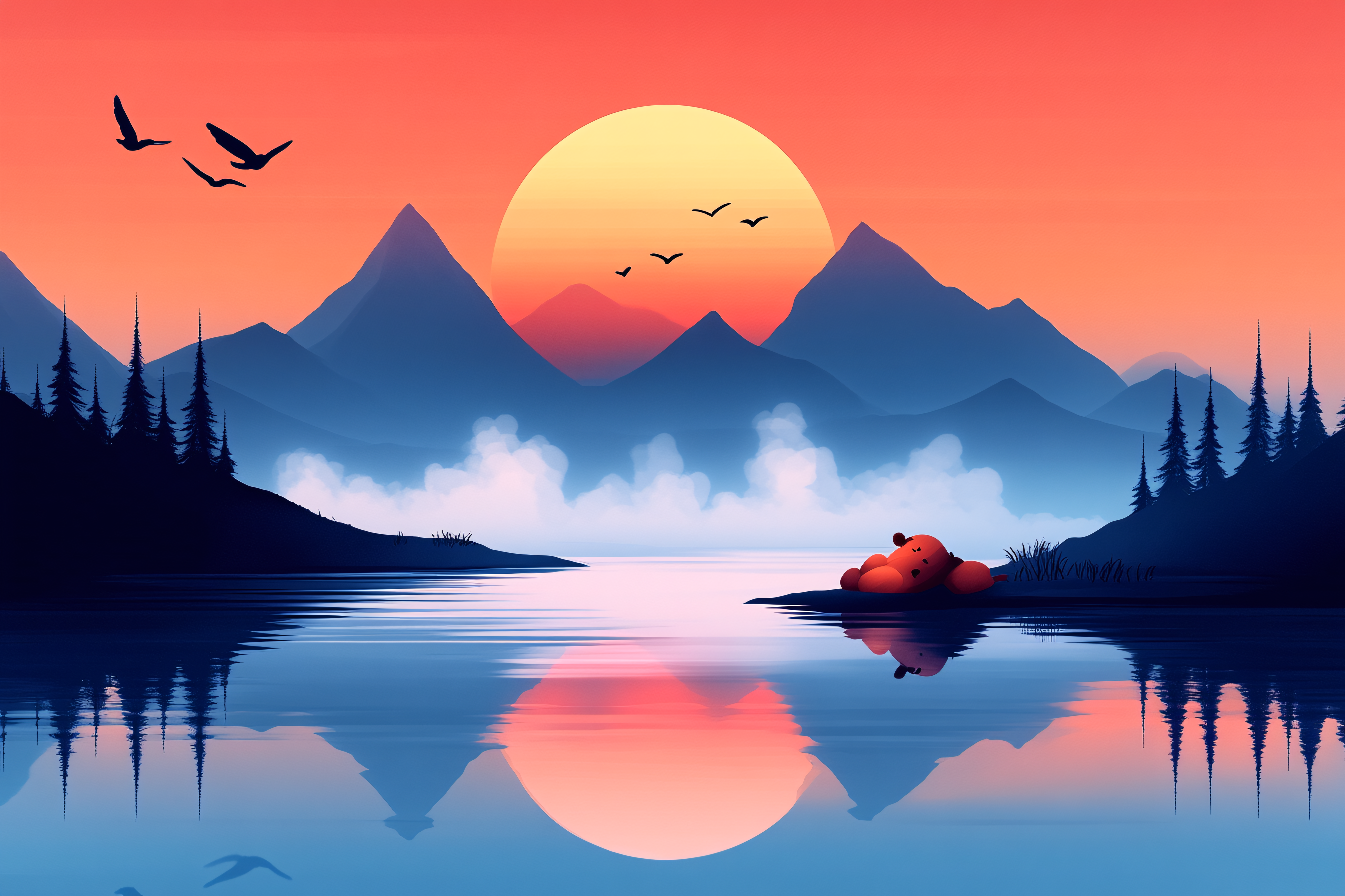 Sunset By The Lakeside With Teddy Bear