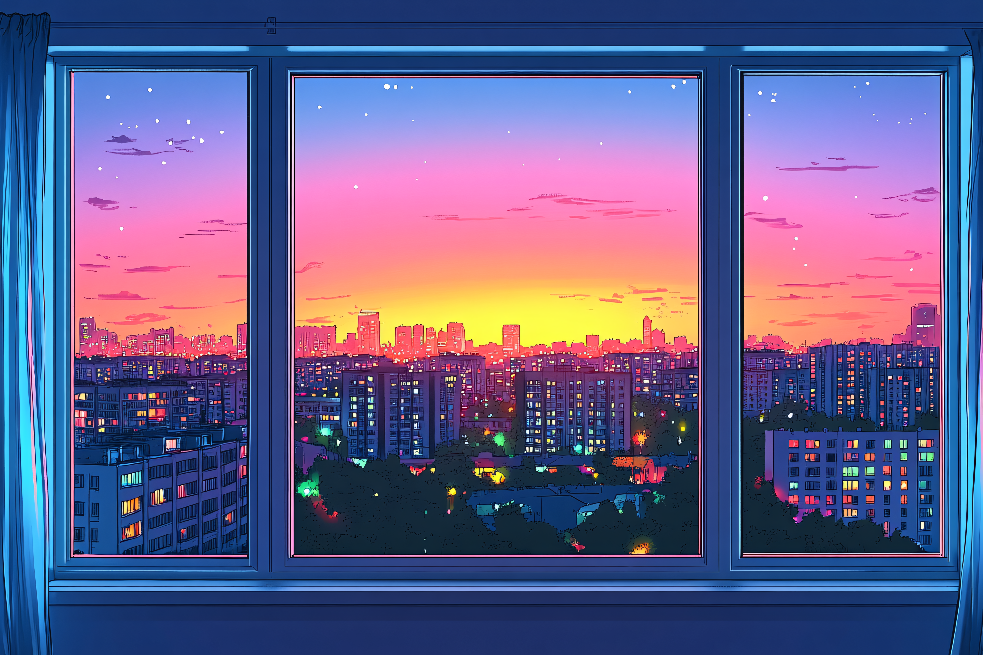 Sunset Cityscape Through Window