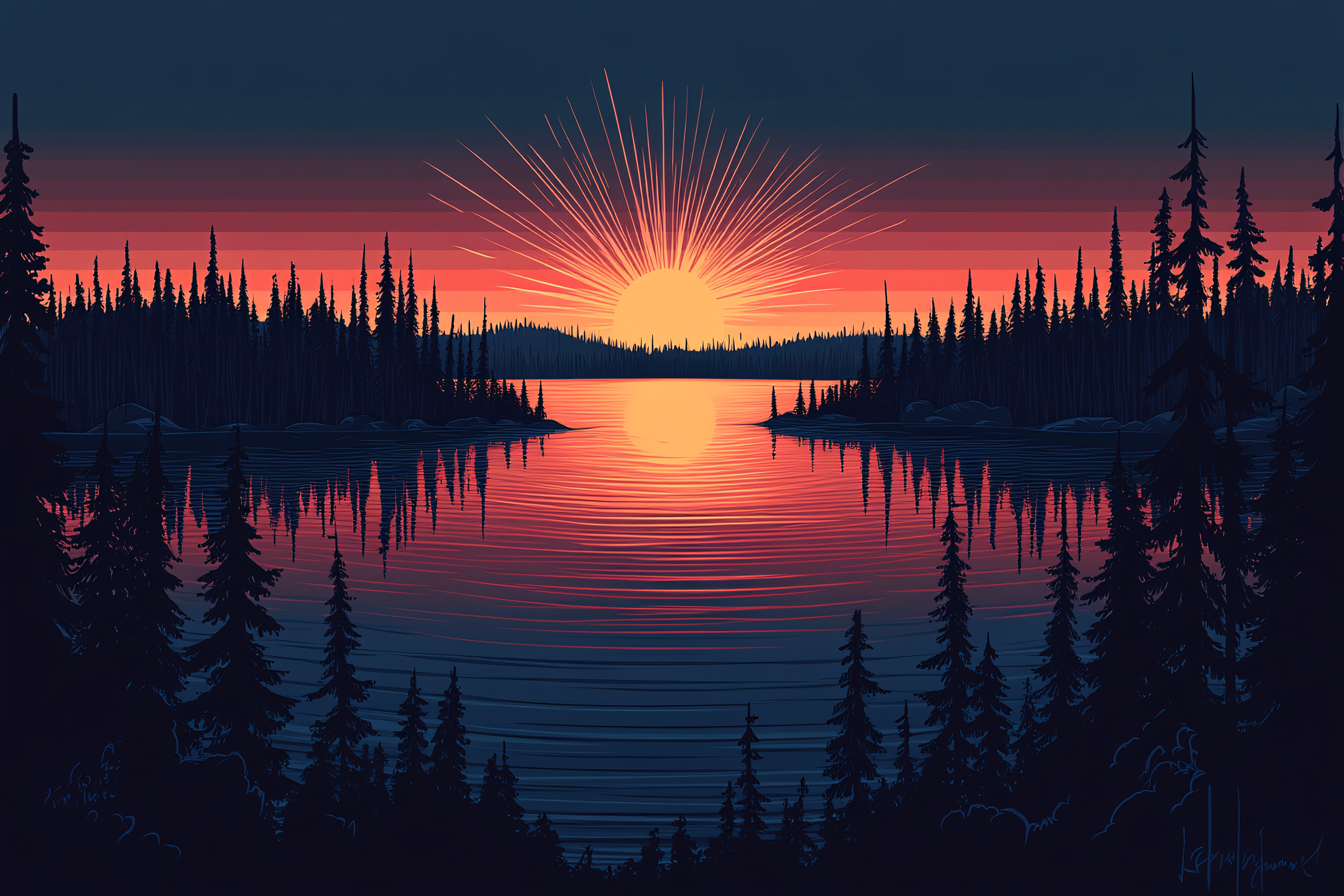 Sunset Lake Forest Silhouette