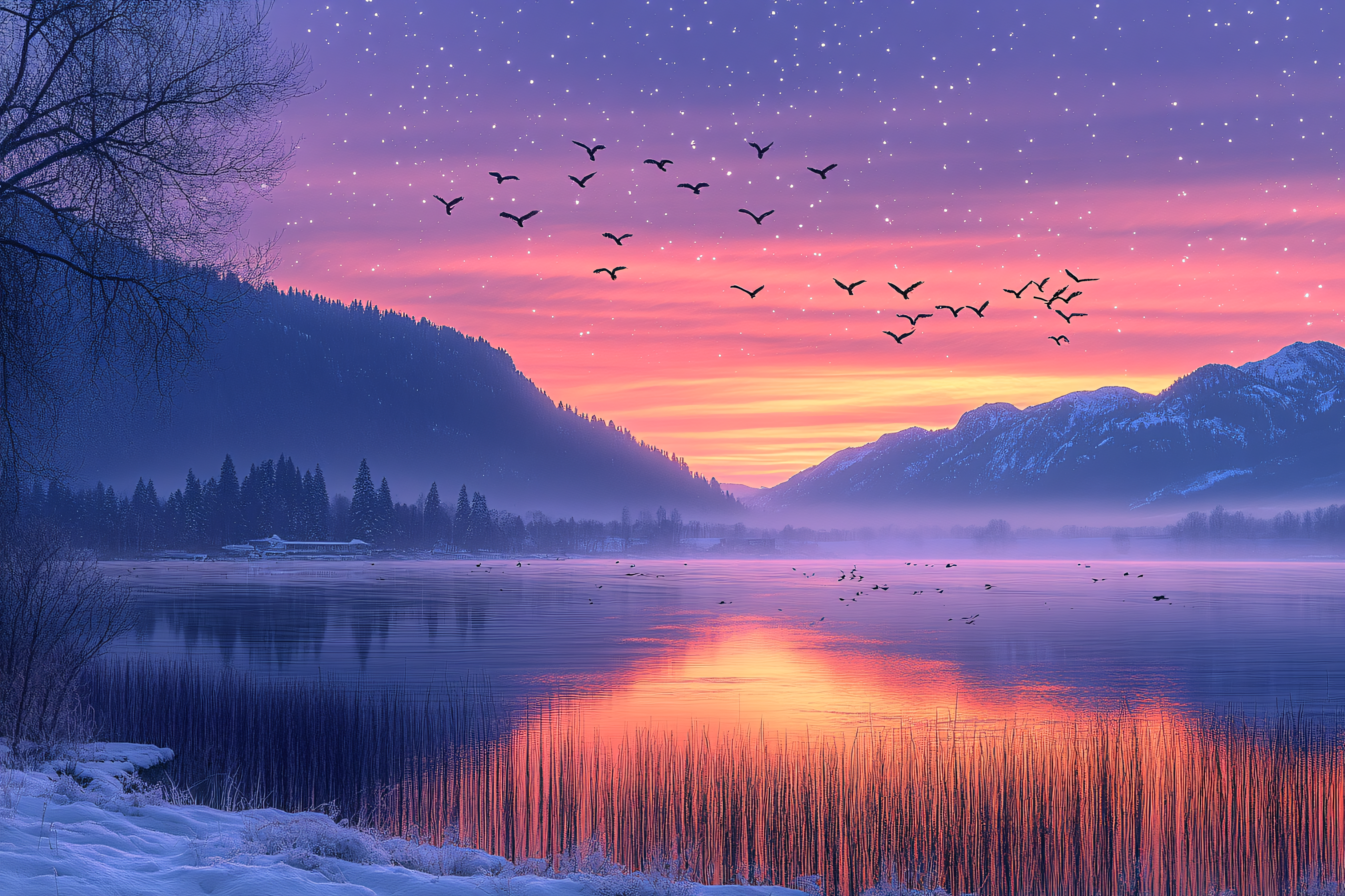 Sunset Lake with Birds