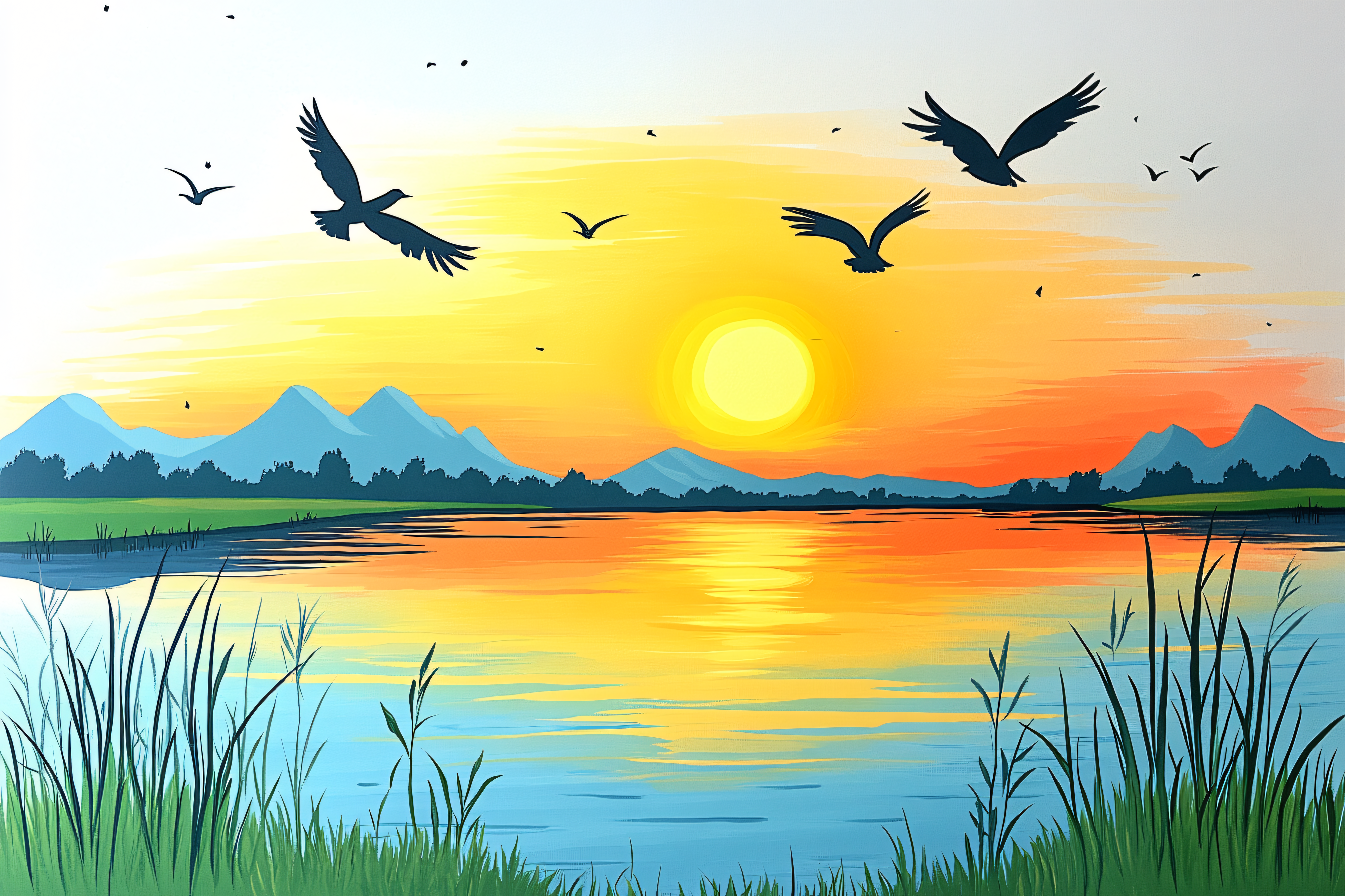 Sunset Landscape with Birds