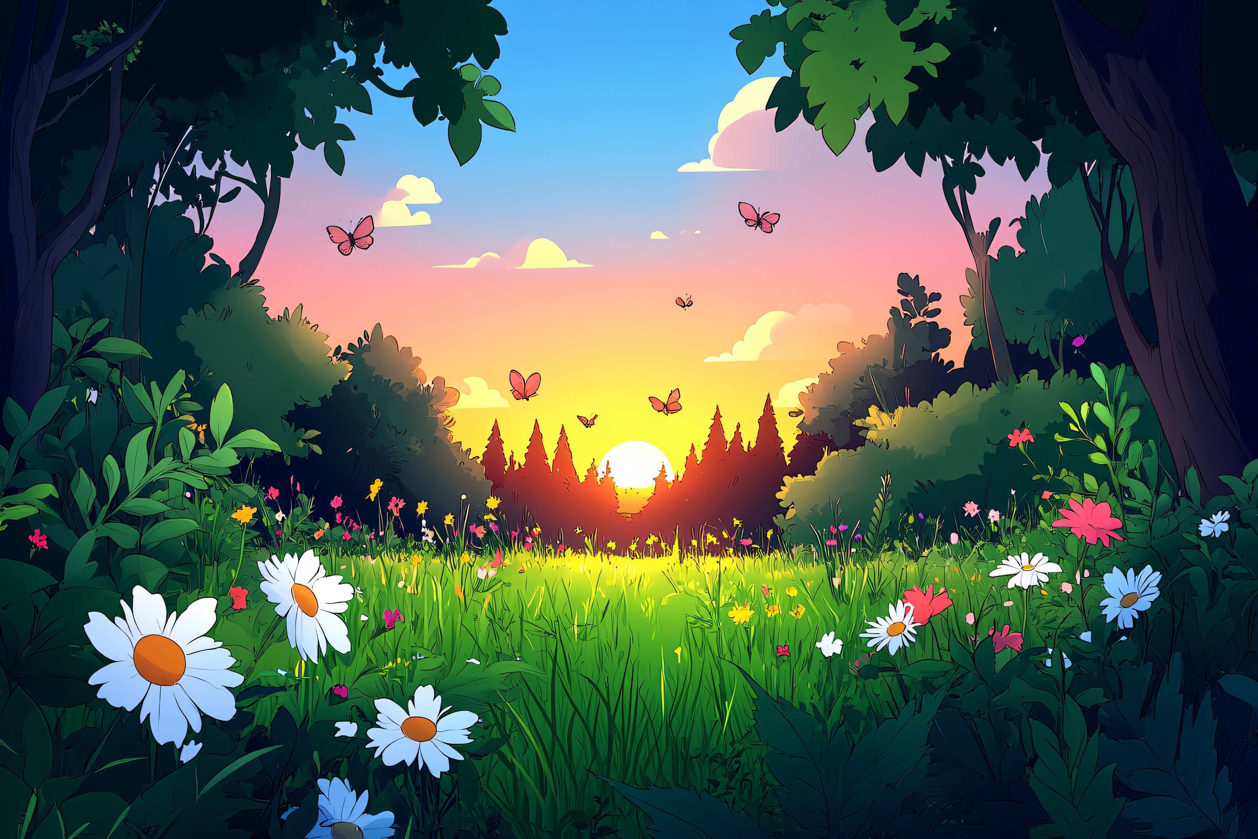Sunset Meadow With Butterflies