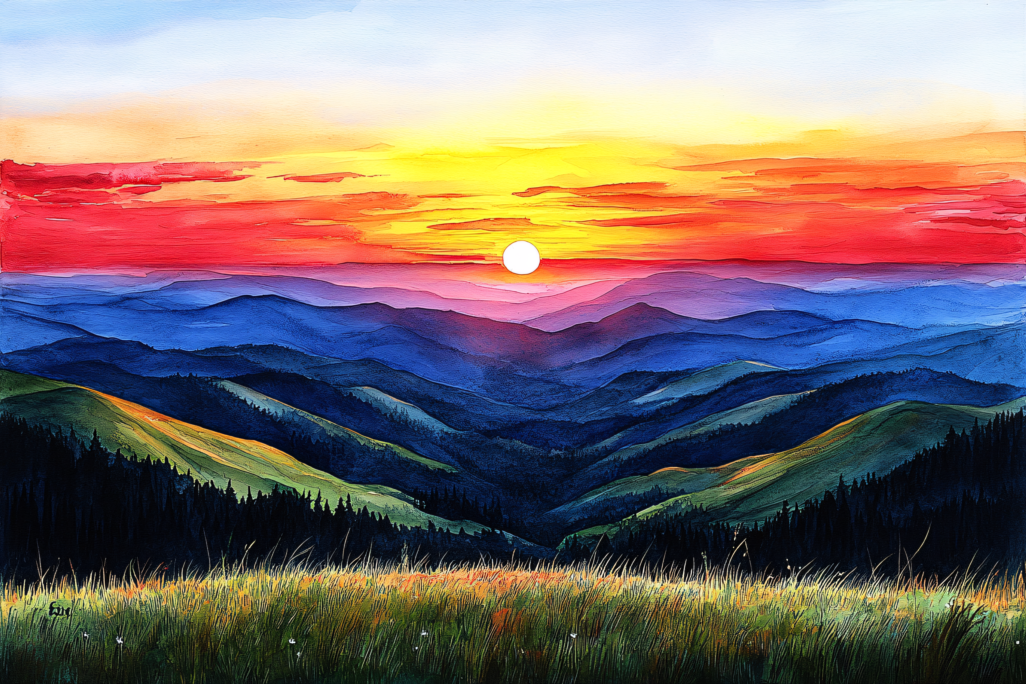 Sunset Mountain Range Watercolor