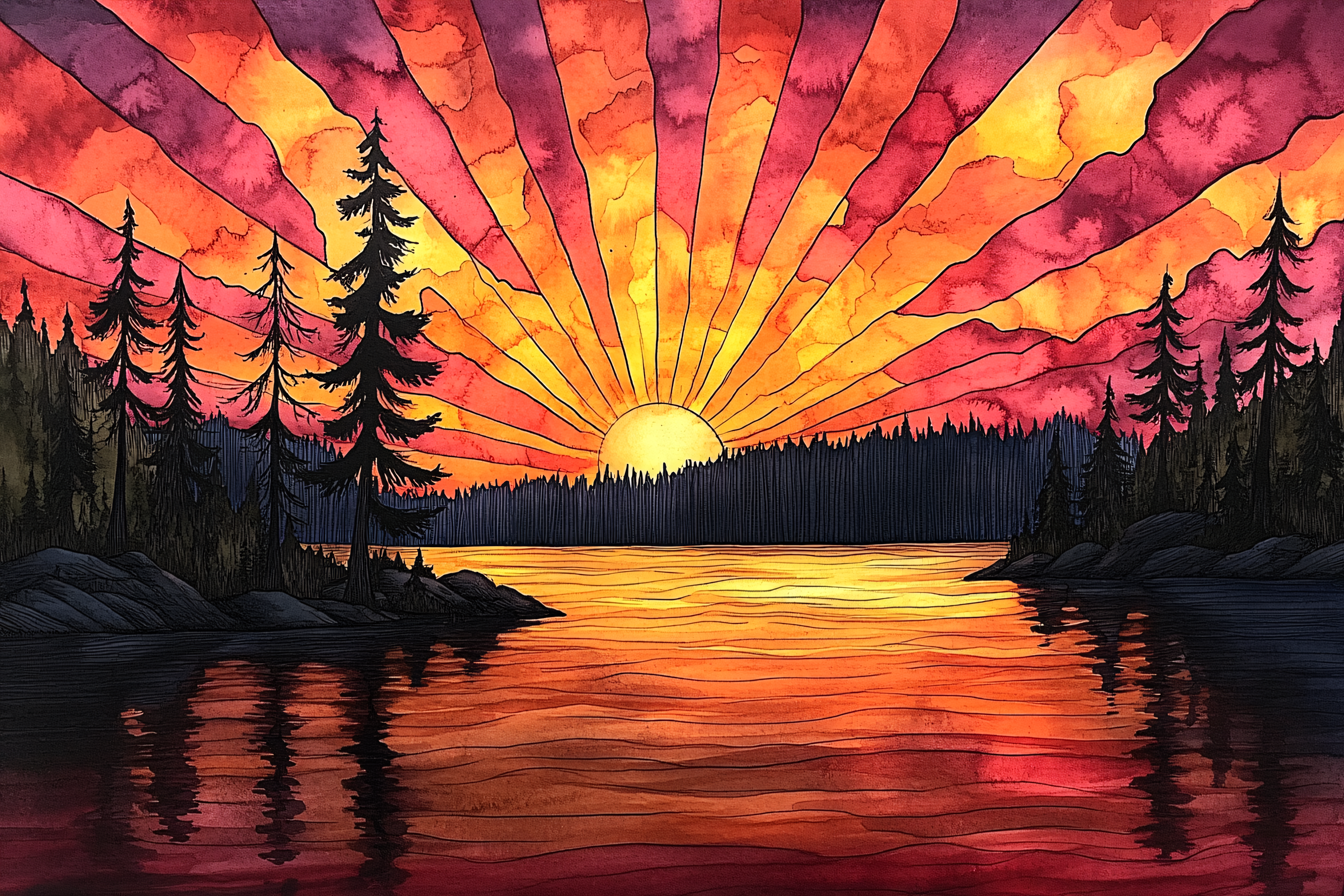 Sunset Over Lake Watercolor Painting
