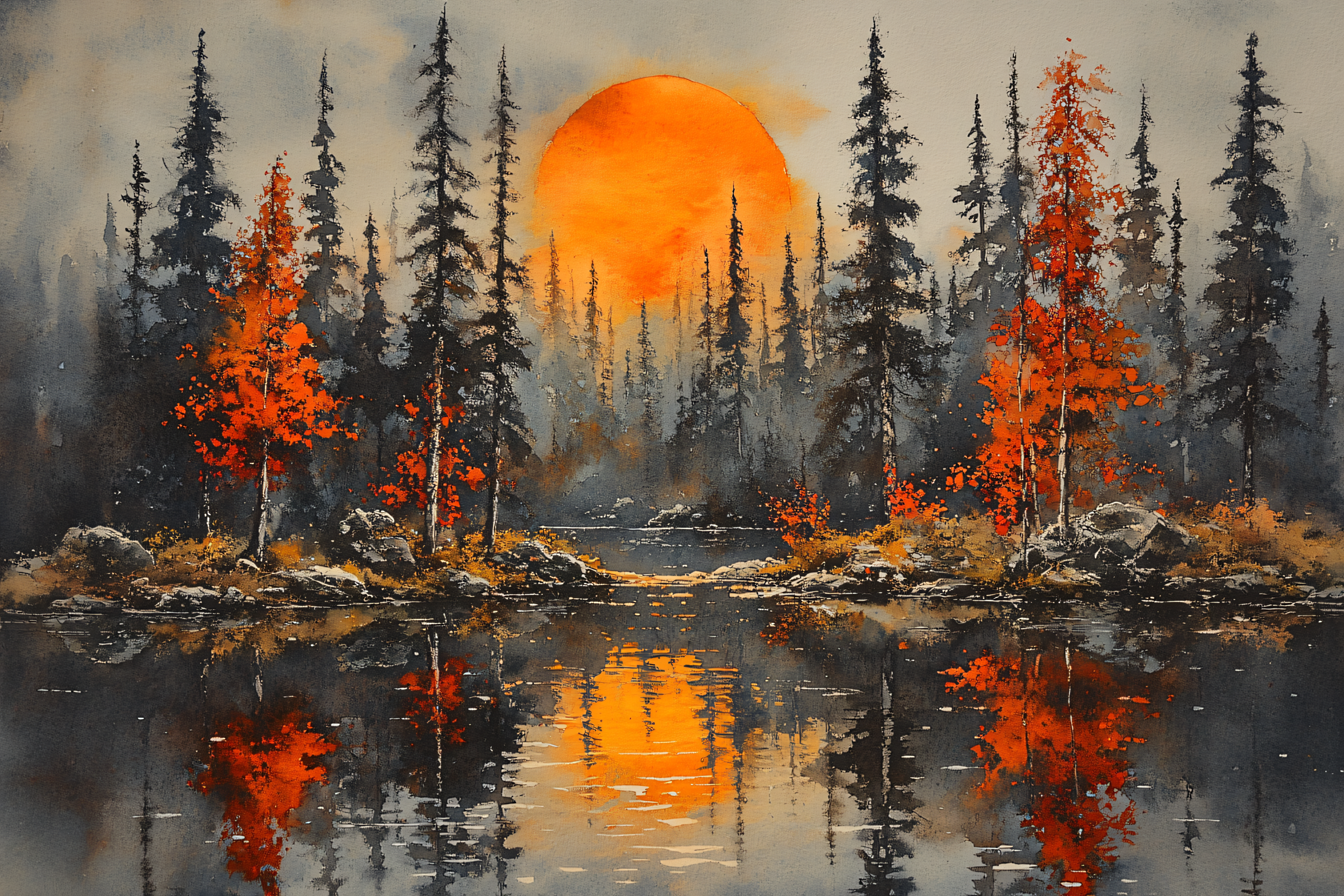 Sunset Over Misty Forest Lake