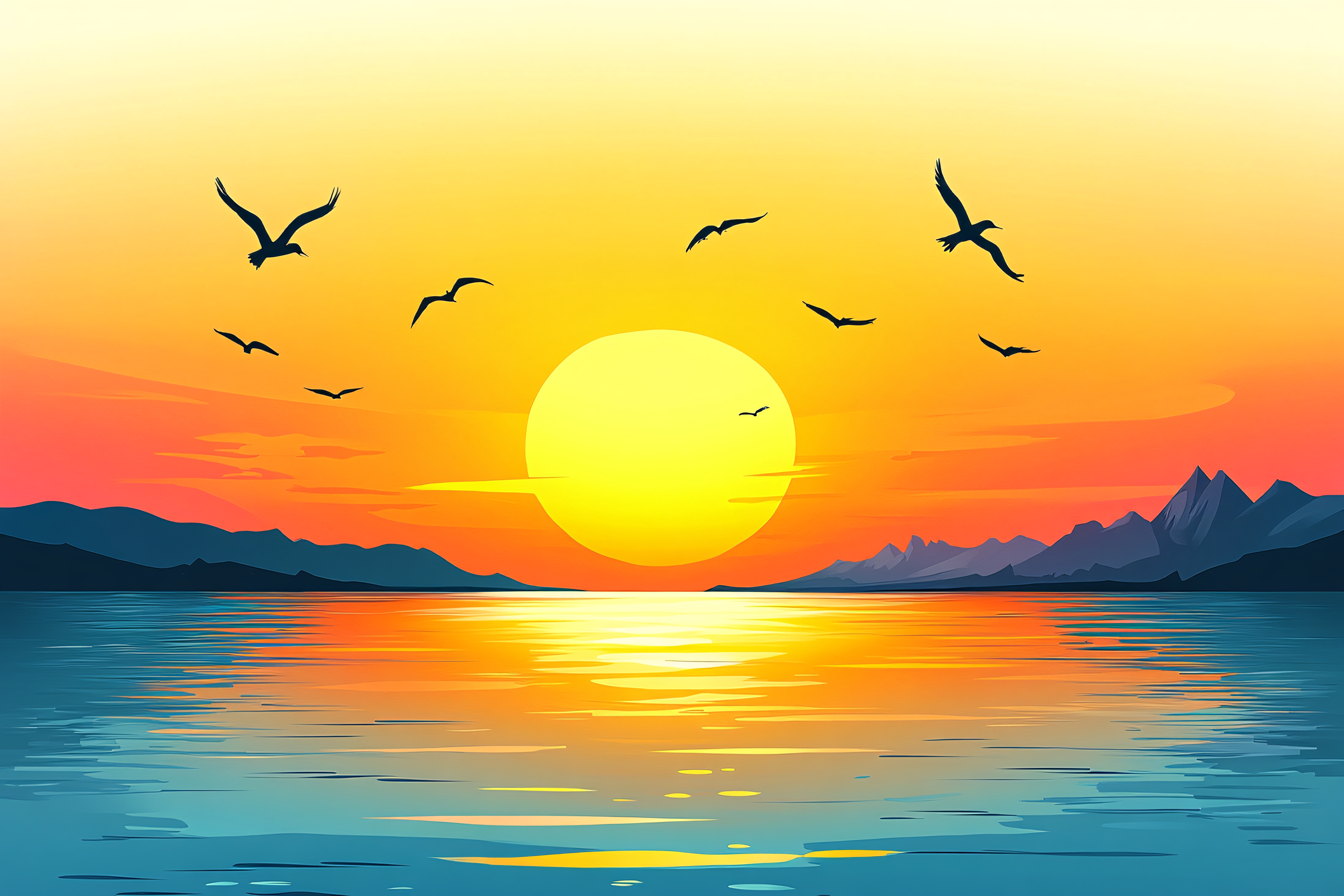 Sunset Over Water With Birds