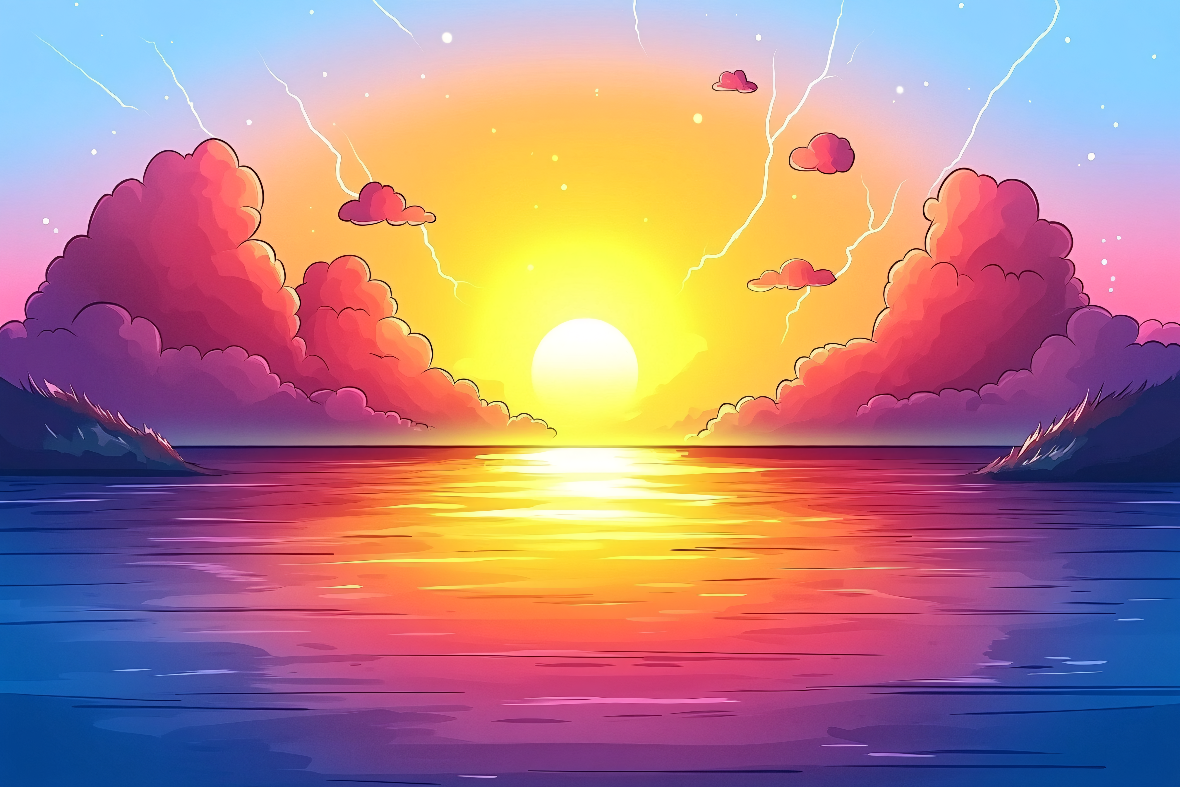 Sunset Over Water with Clouds and Lightning