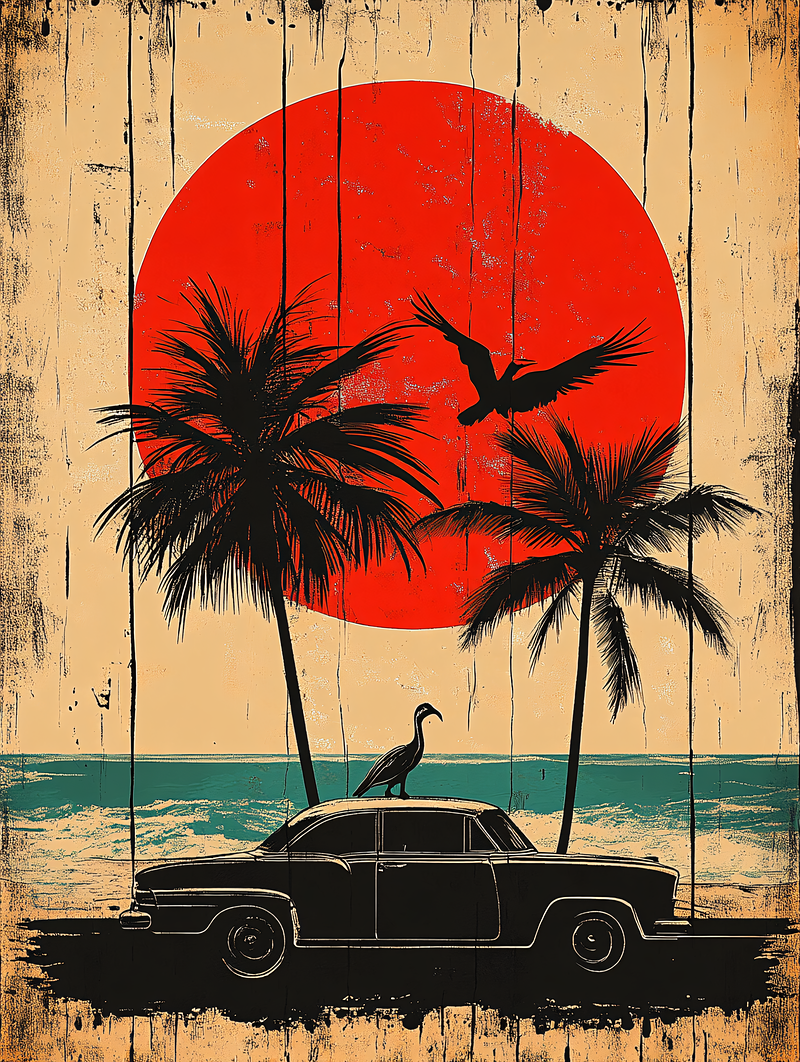 Sunset Palm Trees and Vintage Car
