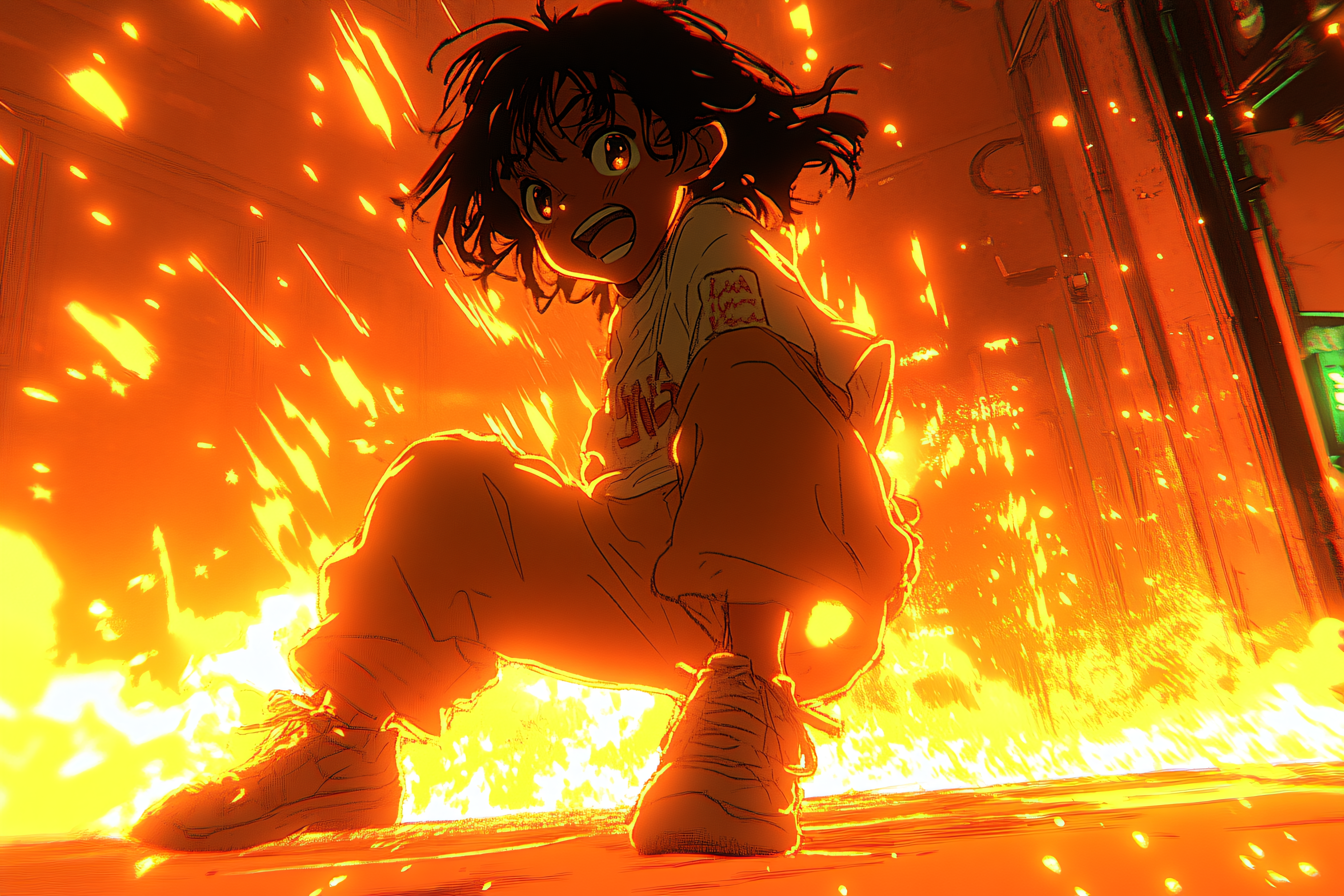 Surprised Anime Character Amidst Sparks