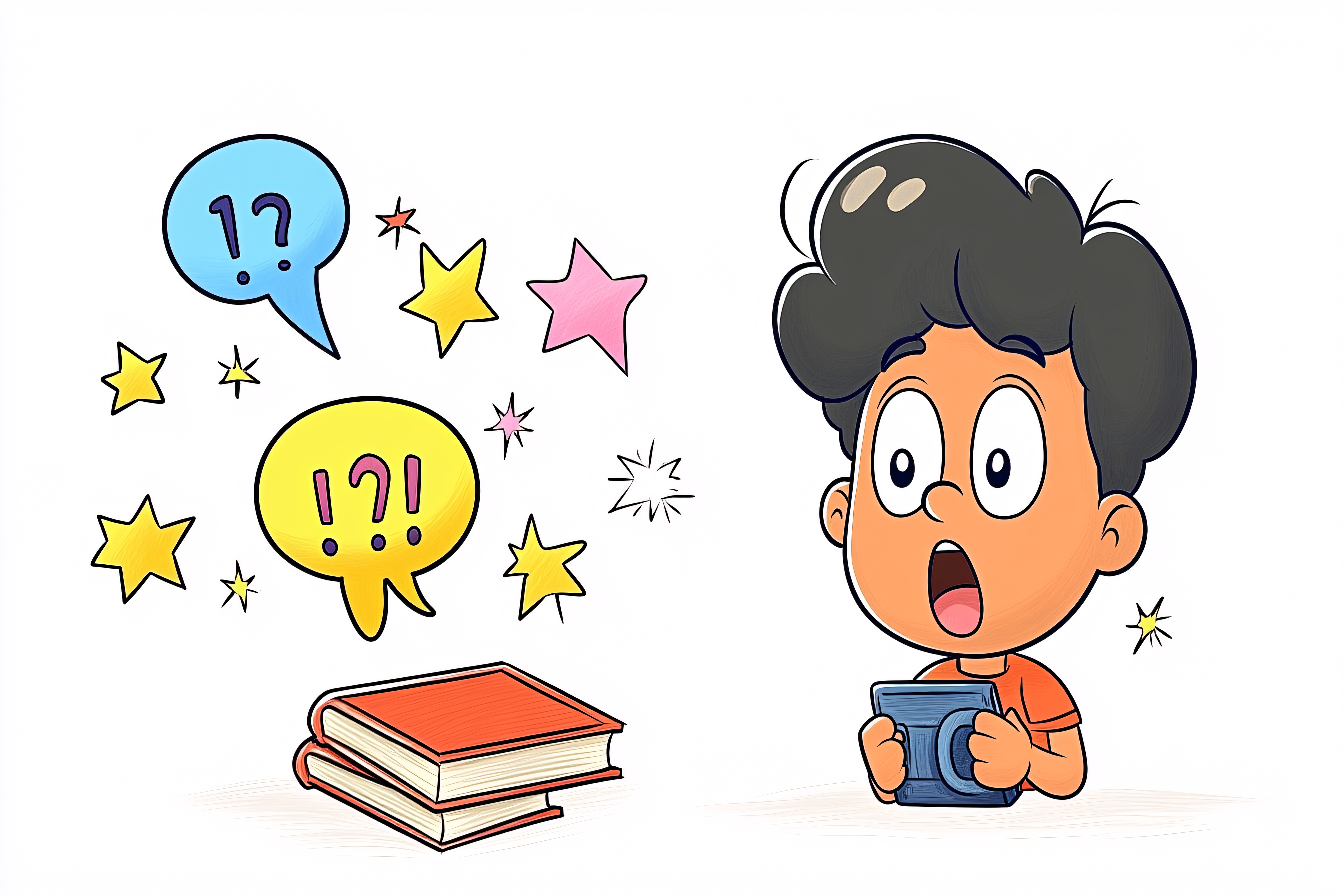 Surprised Boy with Books and Question Marks