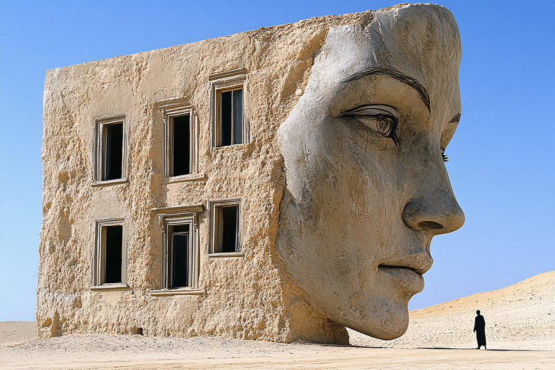 Surreal Desert Face Building Sculpture